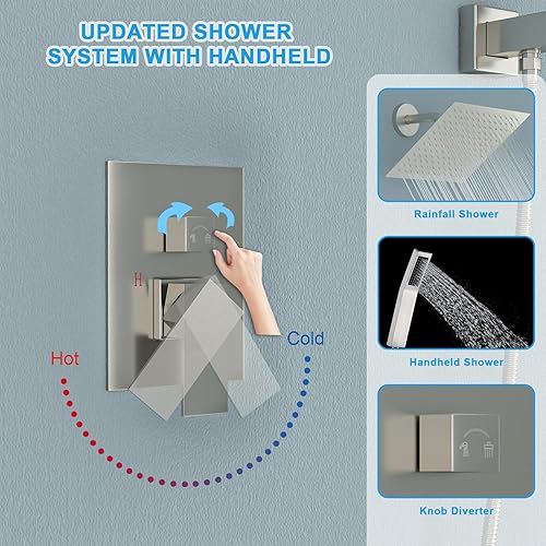 Miniatura 5 de Lordear Sistema de ducha de lluvia de 10 pulgadas, juego de grifo de ducha montado en la pared, altura ajustable, cabezal de ducha de acero