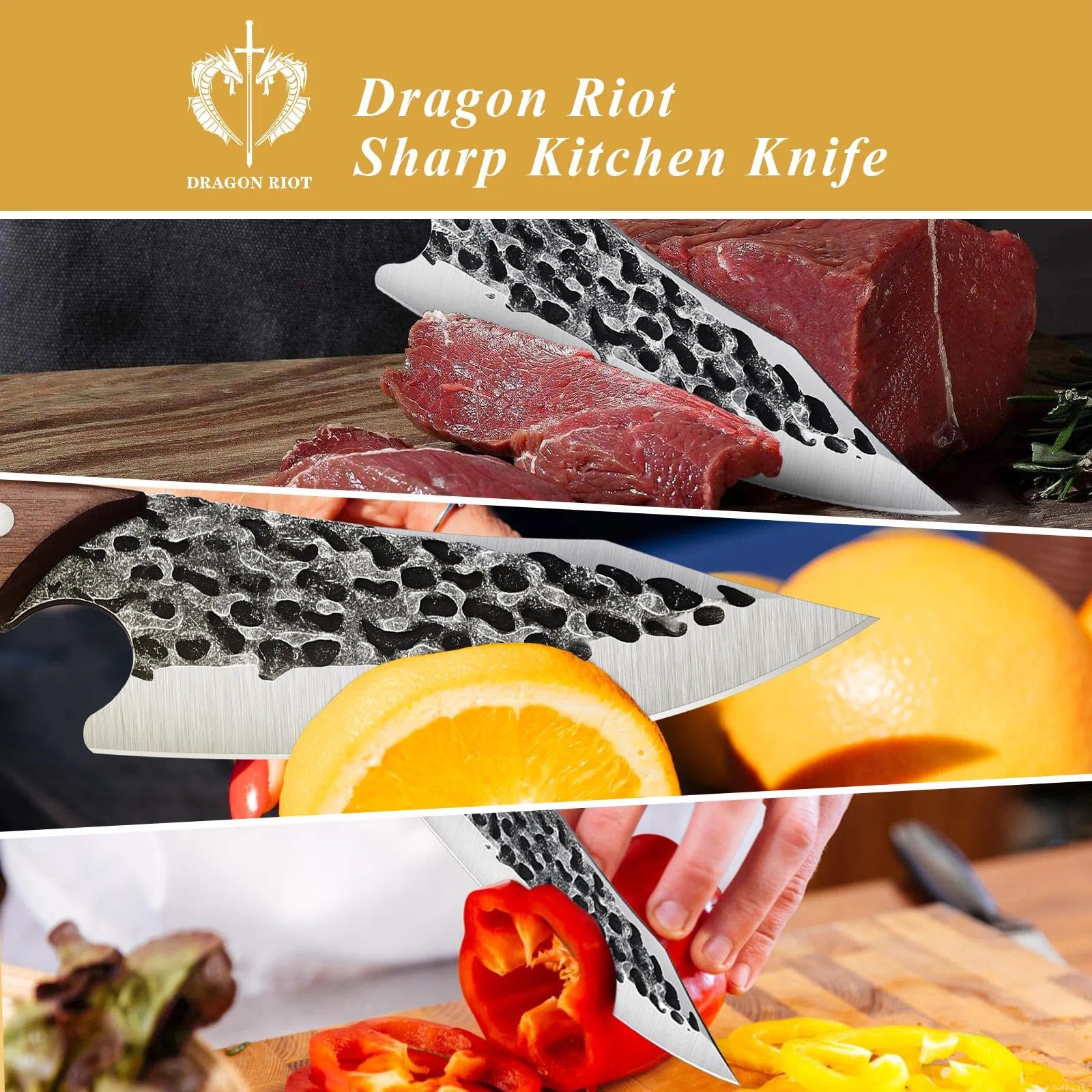 DRAGON RIOT Kochmesser Japanisch Wikinger Messer Handgeschmiedet Chefmesser Profi Küchenmesser Scharf Grillmesser Outdoor Messer mit Scheide für Küche Camping Grill BBQ