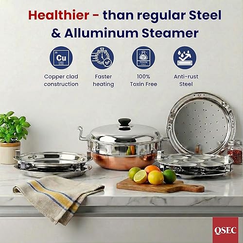 Miniatura 2 de QSEC Olla de acero inoxidable Multi Kadai Idli con fondo de cobre, cocina Dhokla todo en uno de gran tamaño  2 Dhokla  Vapor Momo - 285MM 100%