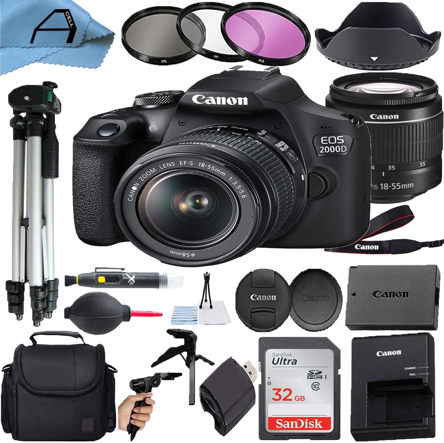 Product image of Canon EOS 2000D / Rebel T7 Digital DSLR Camera with 18-55mm Zoom Lens, SanDisk 32GB Memory Card, Case, Tripod, 3 Pack Filters and A-Cell Accessory Bundle (Black)