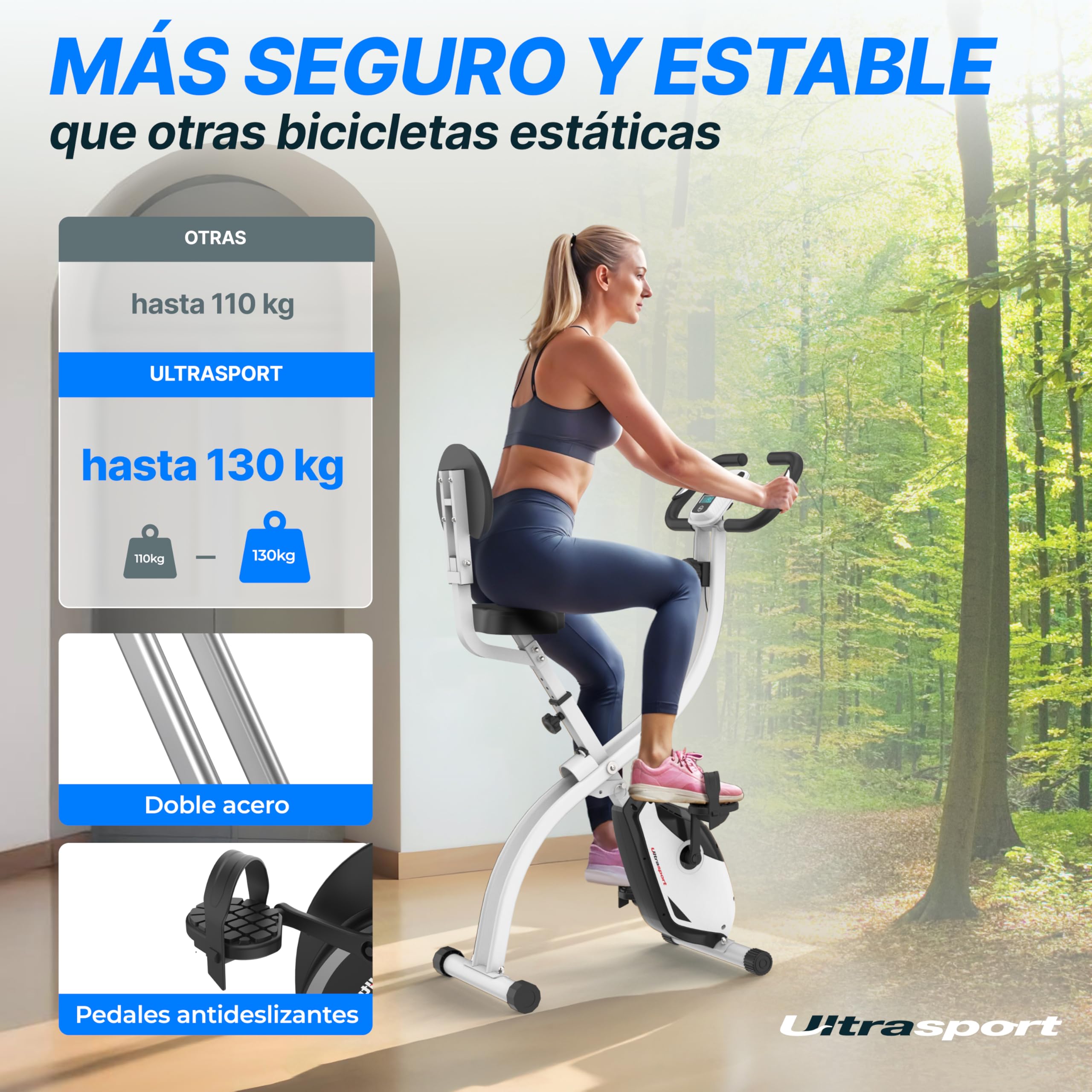 Ultrasport F-Bike 200B, entrenador bicicleta, bicicleta estática plegable, con respaldo,computadora entrenamiento LCD,peso máximo 110 kg,medición frecuencia cardíaca,8 niveles resistencia, Rosa/Blanco