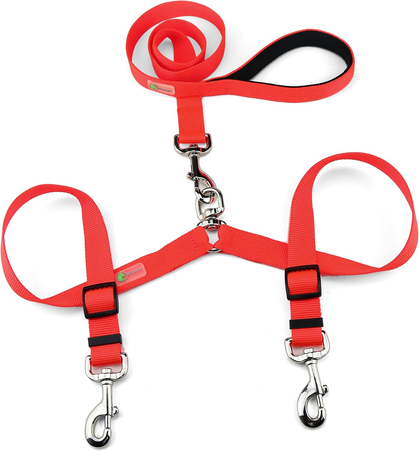 DCBARK Tangle Free Double Dog Leash, No Tangle Adjustable Length Lead with Comfortable Padded Handle for 2 Dogs (L, Neo Orange)