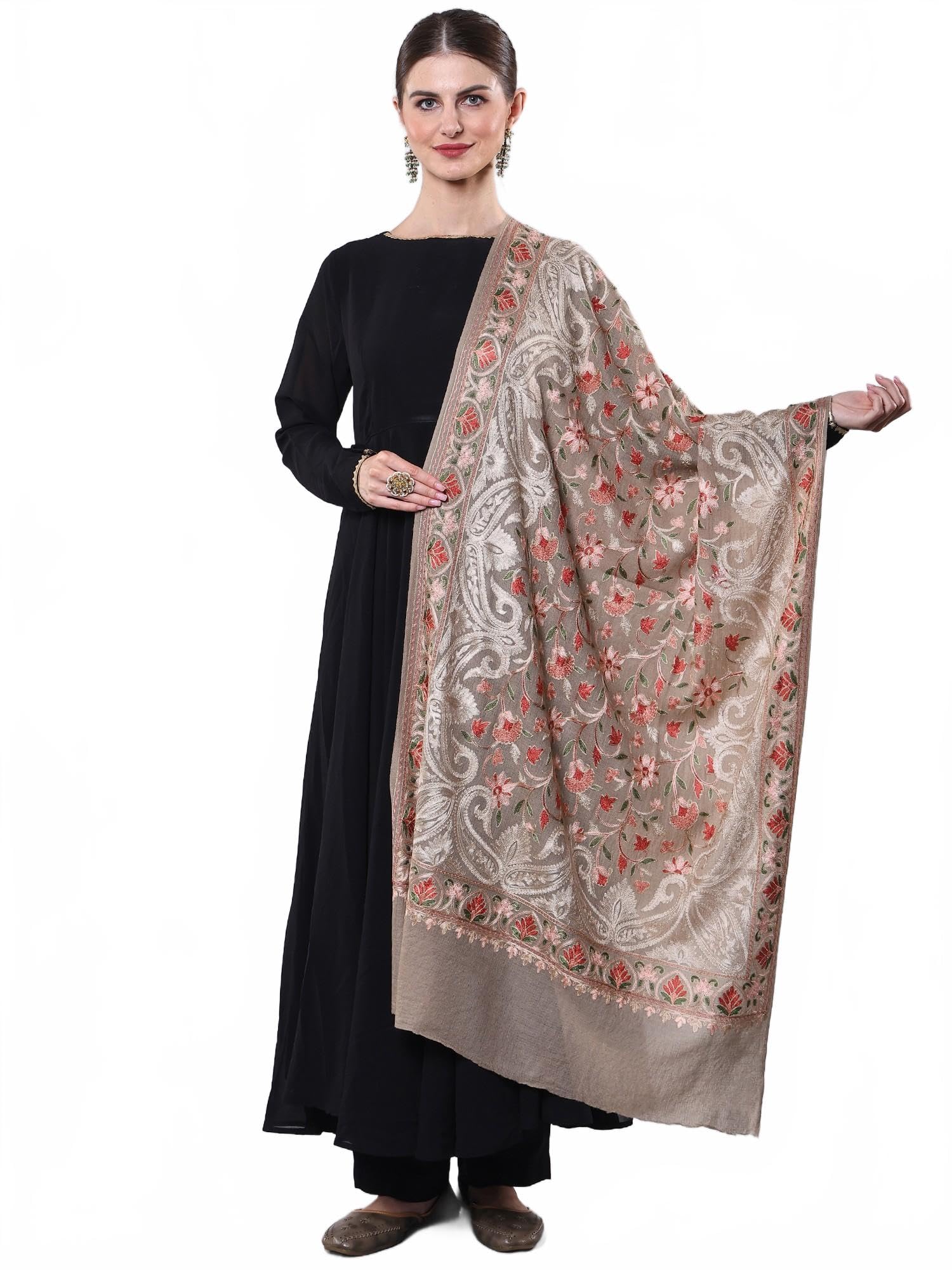Women's Wool Stole with Intricate Multicolor Thread Embroidered Flowers and Paisely Border Design Shawl, Scarves-image-47