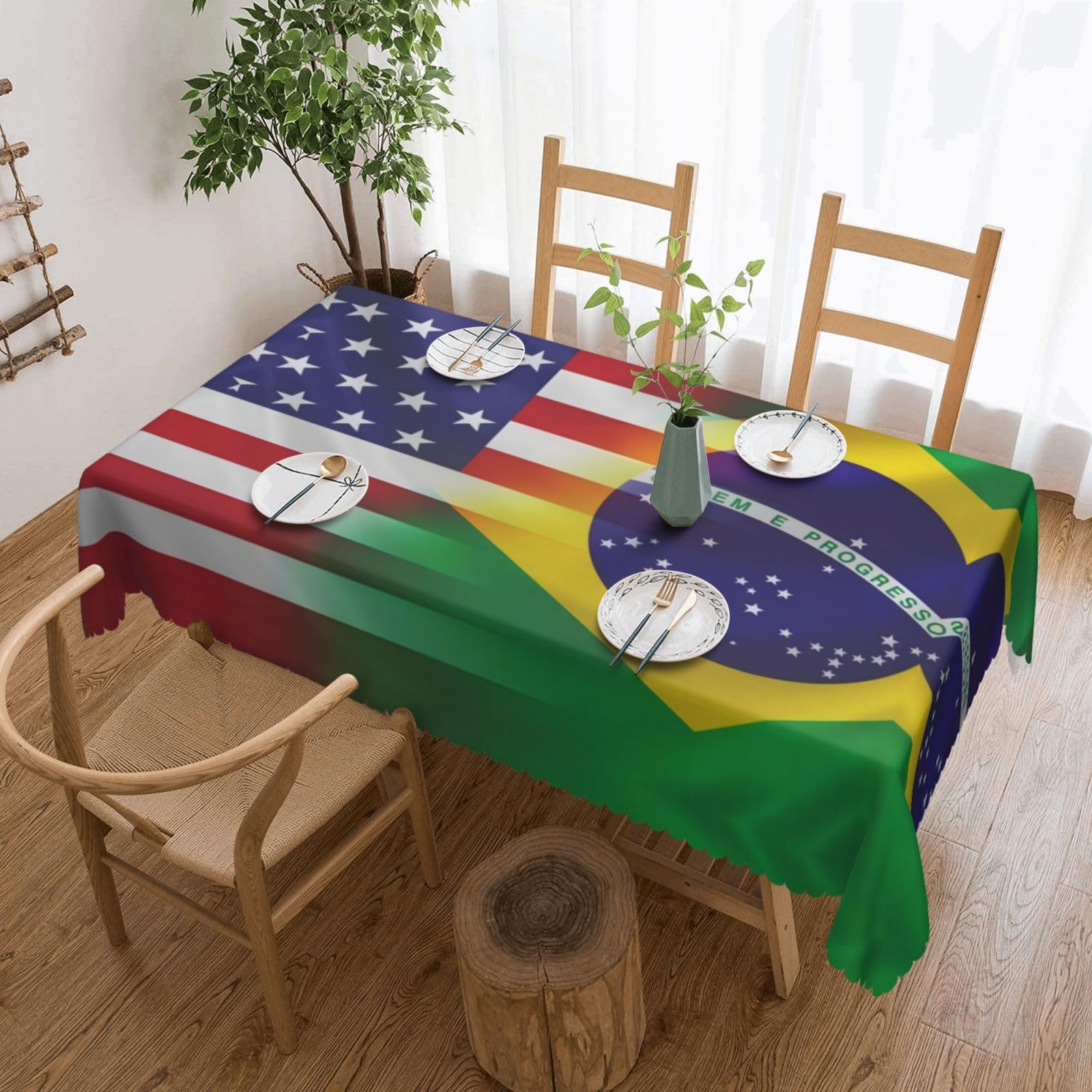 HLSBSSL American And Brazilian Flags Patterned square lace tablecloth, wrinkle-resistant and durable, suitable for dining tables, parties, etc.