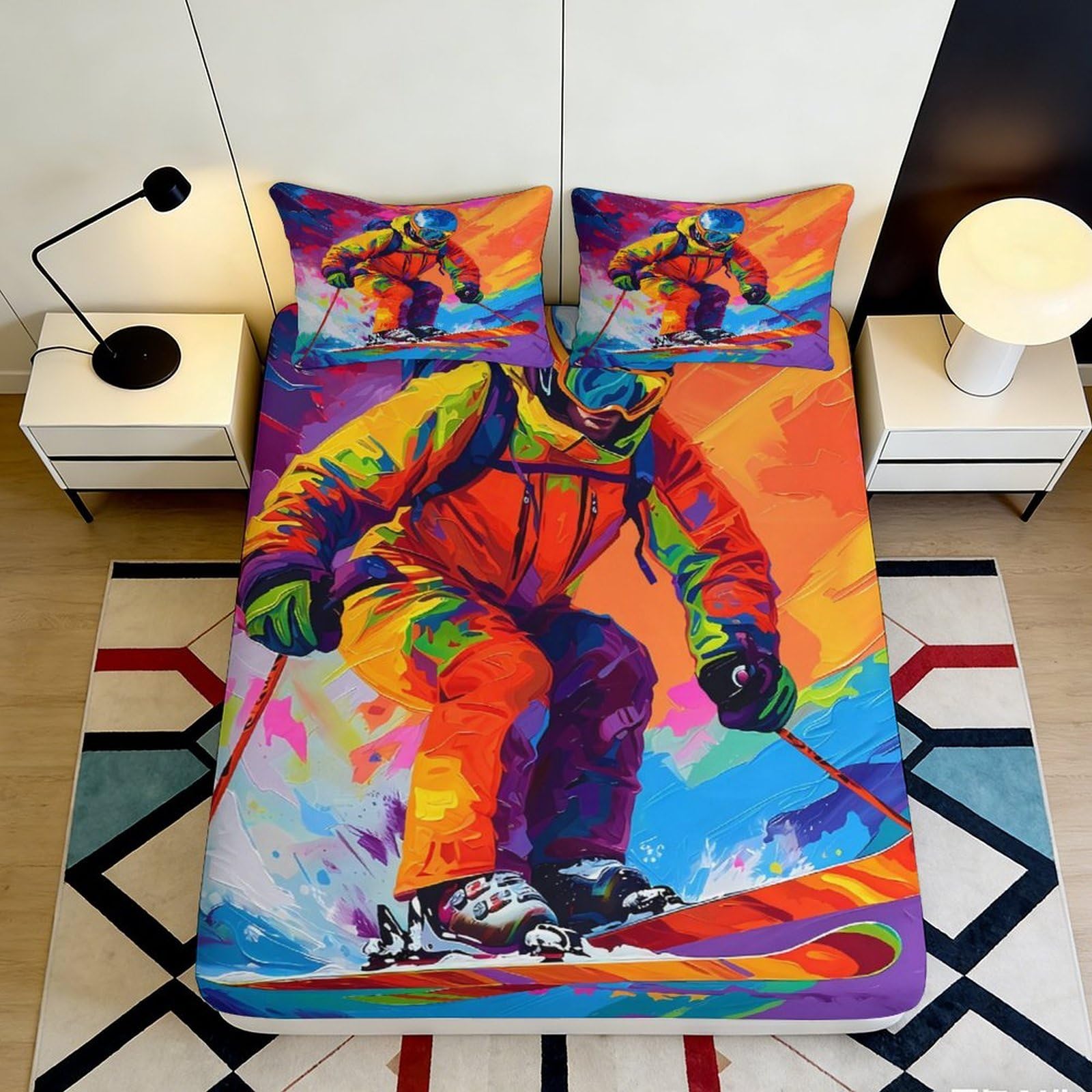 3D Printed Skiing Design Fitted Sheet Microfiber Deep Pocket Non-Slip Bedroom Bedding Ski Mattress Fitted Cover Washable 200x200x25cm 90x200x25cm