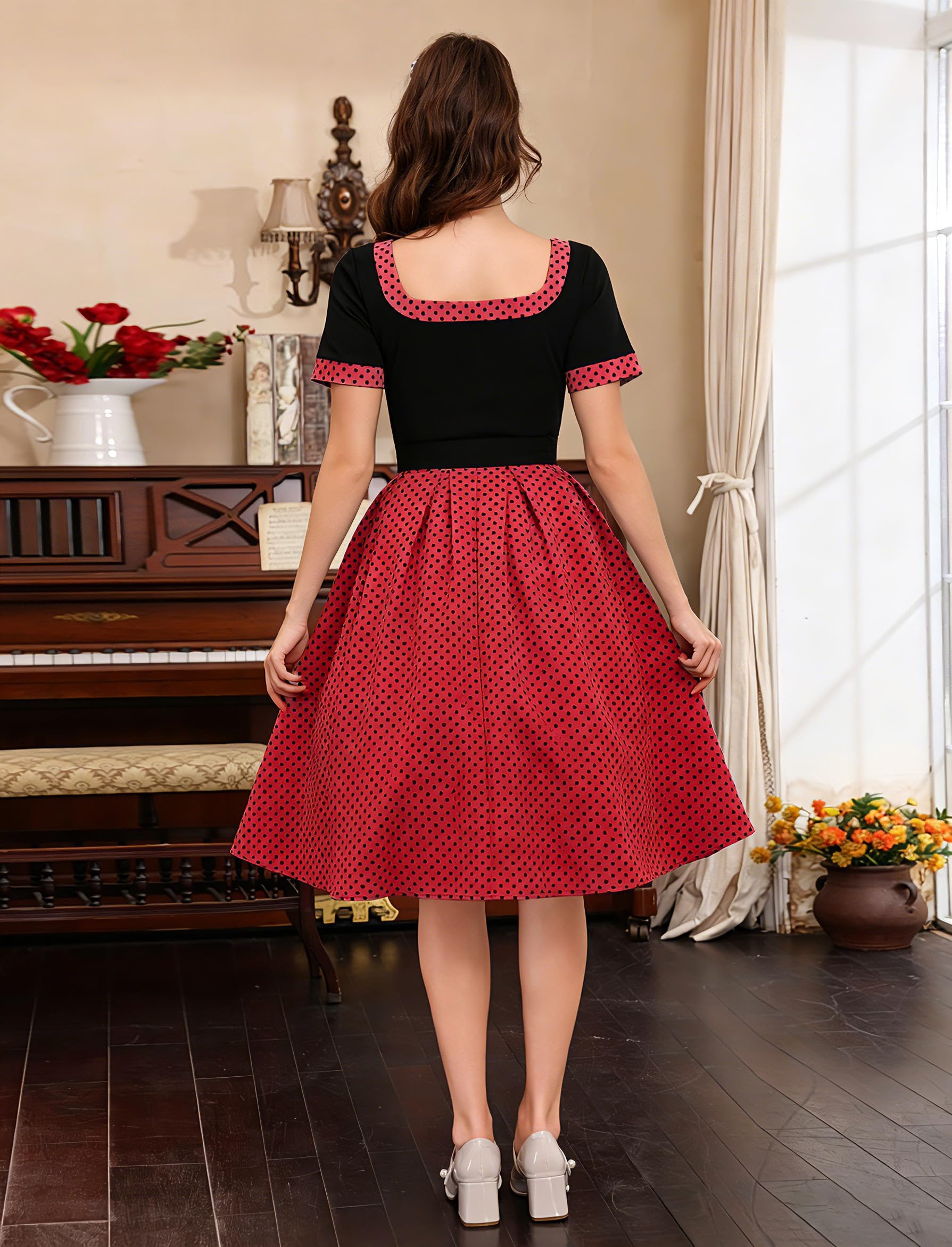 OMEWEE Damen 50er Jahre Kleider Polka Dots 1950er Vintage Retro Cocktailkleid Rockabilly Kleider Elegant Knielang Abendkleid A-Line Swing Faltenrock festliches Kleid Partykleid