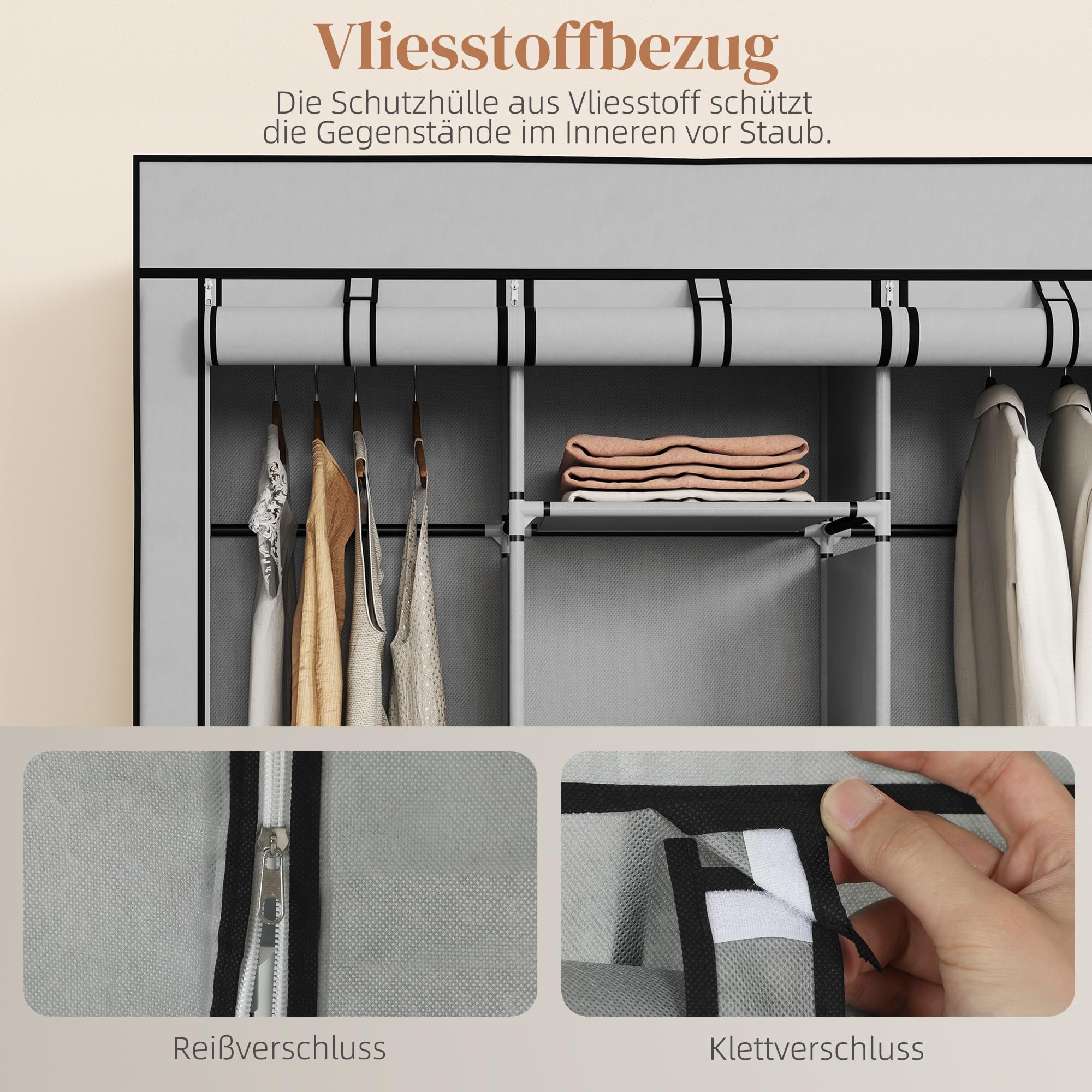 HOMCOM Kleiderschrank Stoffschrank mit Kleiderstange, Ablagen, Reißverschluss Faltschrank Stoffkleiderschrank für Schlafzimmer, Ankleidezimmer, 125 x 43 x 162,5 cm Hellgrau