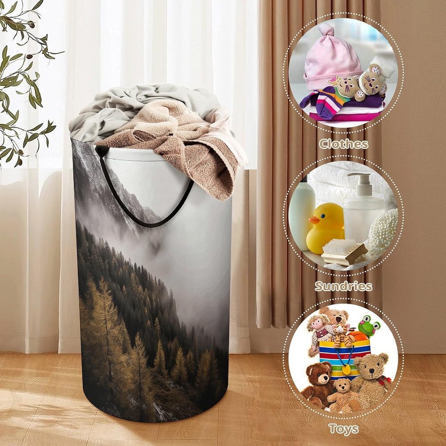 Landscape of Trees And Mountain Surrounded by Fog Laundry Hamper Large Collapsible Laundry Basket with Handles Waterproof Clothes Hamper Portable Dirty Clothes Basket for Bedroom Laundry Room Closet B