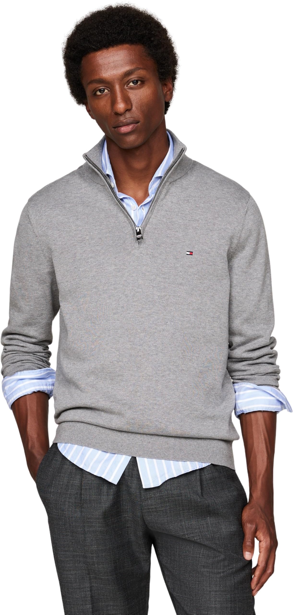 Tommy Hilfiger Men’s Mock Neck Half Zip Jumper, Grey (Medium Grey Heather), 3XL