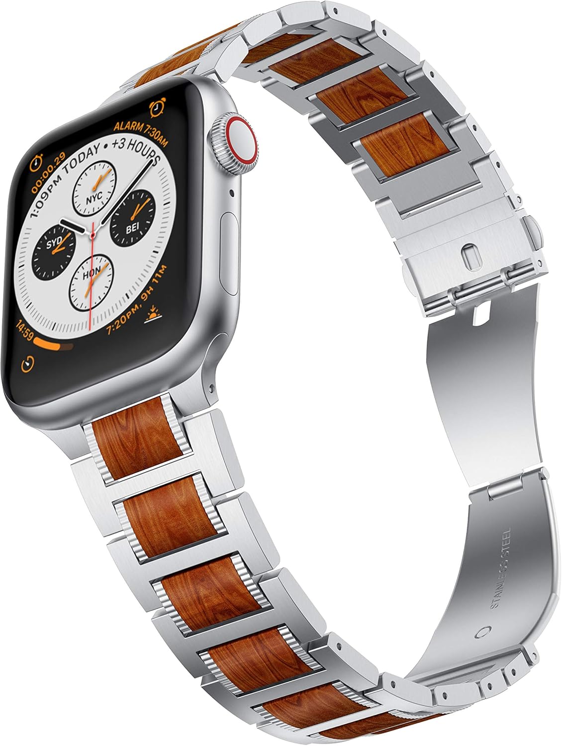 Compatible for Apple Watch 49mm 45mm 44mm 42mm Bands, Red Sandalwood Wood Stainless Steel Replacement Wrist Strap for Apple Watch Ultra & SE Series 8 7 6 Series 5 4 3 2 1 Watch Bands-Silver