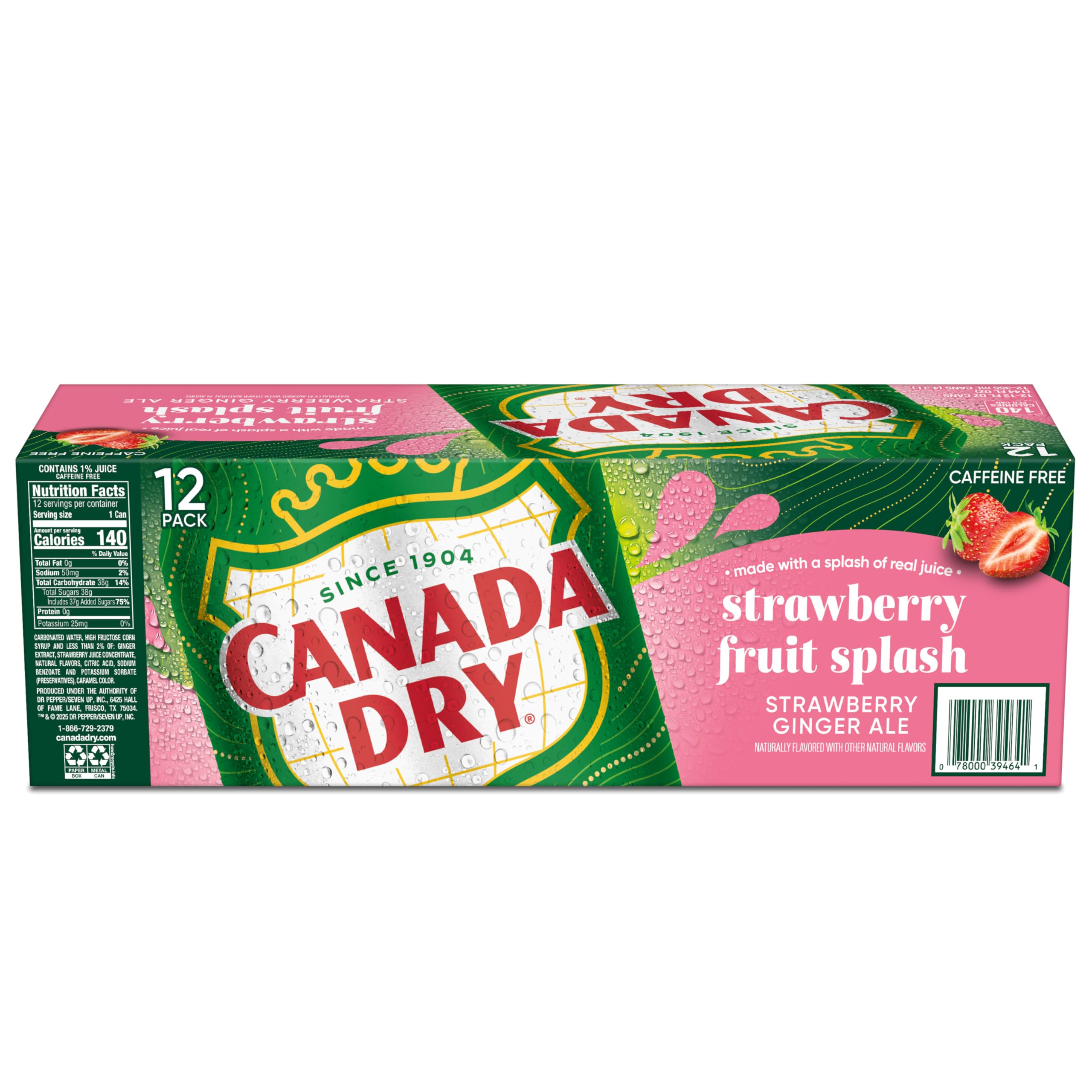Canada Dry Fruit Splash Strawberry Ginger Ale Soda, 12 fl oz cans, 12 pack