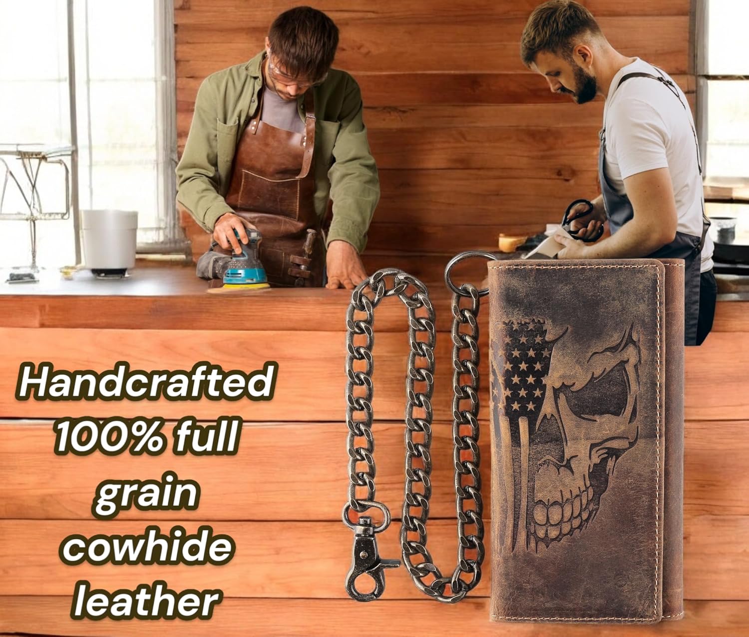 F&L CLASSIC RFID Blocking Mens Tri-fold Long Style Cowhide Leather Steel Chain Wallet,brown flag/skull,212-103 - Image 6