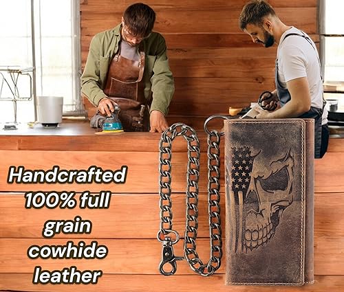 Miniatura 6 de F&L CLASSIC RFID bloqueo para hombre triple estilo largo cuero de vaca cadena de acero billetera, bandera marróncalavera, 212-103