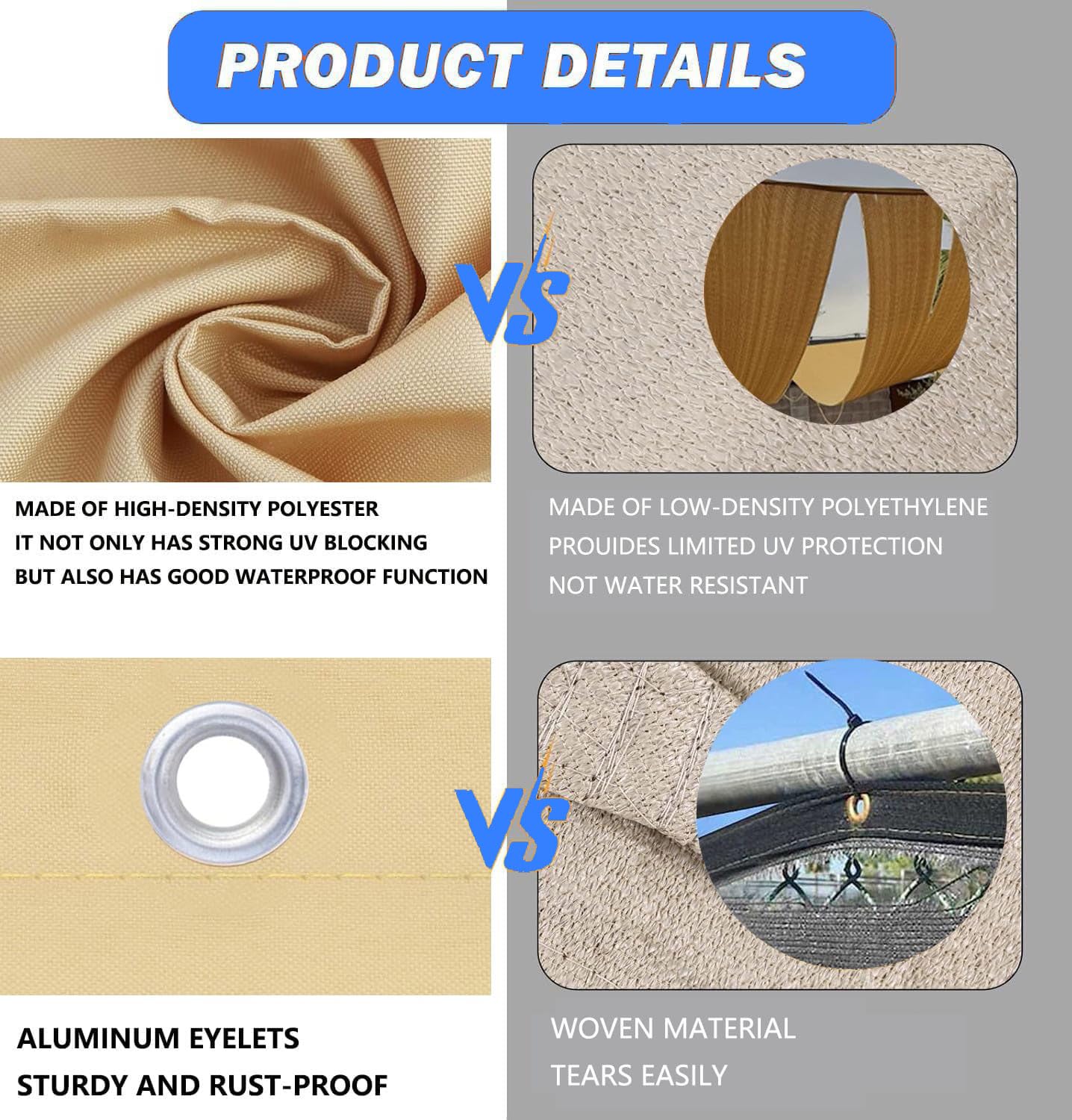 Toldo Vela de Sombra Impermeable Rectangular Toldos Exterior Terraza Protección Rayos UV Resistente al Desgarro para Terraza Balcon Exteriores Jardín con Ojales Cuerda Fijación 2.6x4M Arena