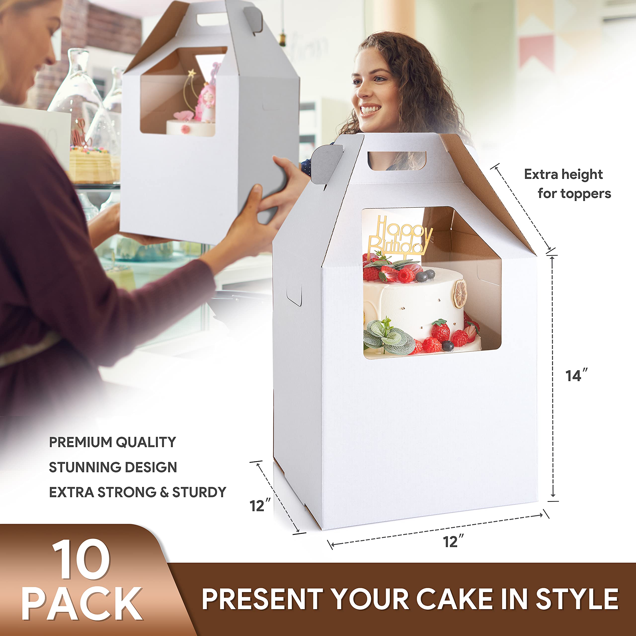 Tall Cake Box 12 inch [10 Pack] 12x12 x14 inch with Window [White] Tall Cake Boxes for Tier