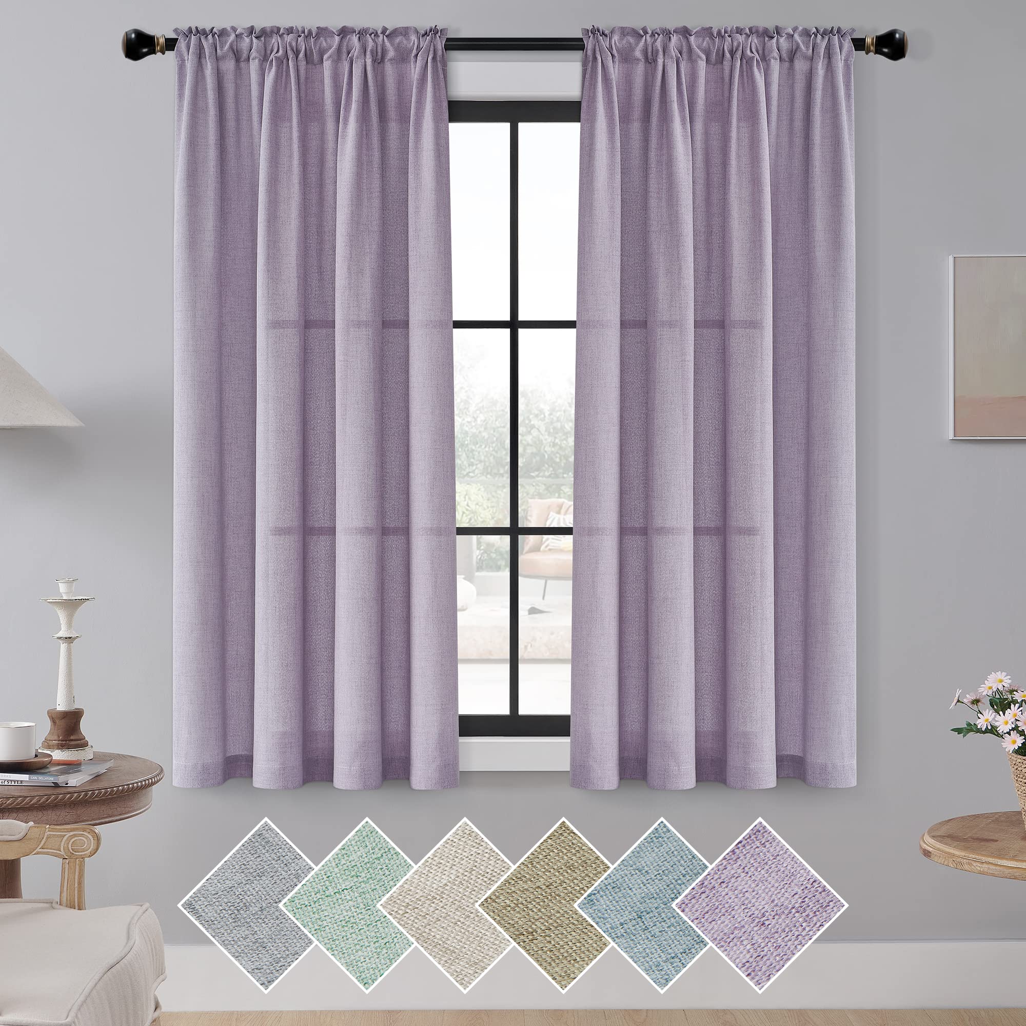 Elegant Linen Curtains for Living Room 2 Panels Set, Thick Sheer Curtains 63 Inch Length for Room Privacy, Eco-Friendly Perfect Vertical Drapes Rod Pocket Light Filtering Curtains,Lavender