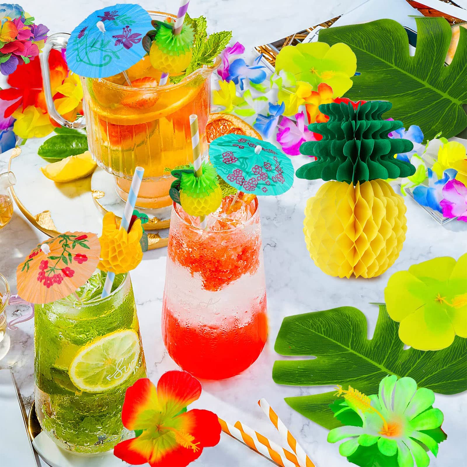 128 Pezzi Gonna Tavolo Hawaiana Tovaglia da Tavolo Set, Foglie di Palma Fiori Hawaiani Cake Topper per Il Partito Luau Hawaiano Decorazioni da Tavola