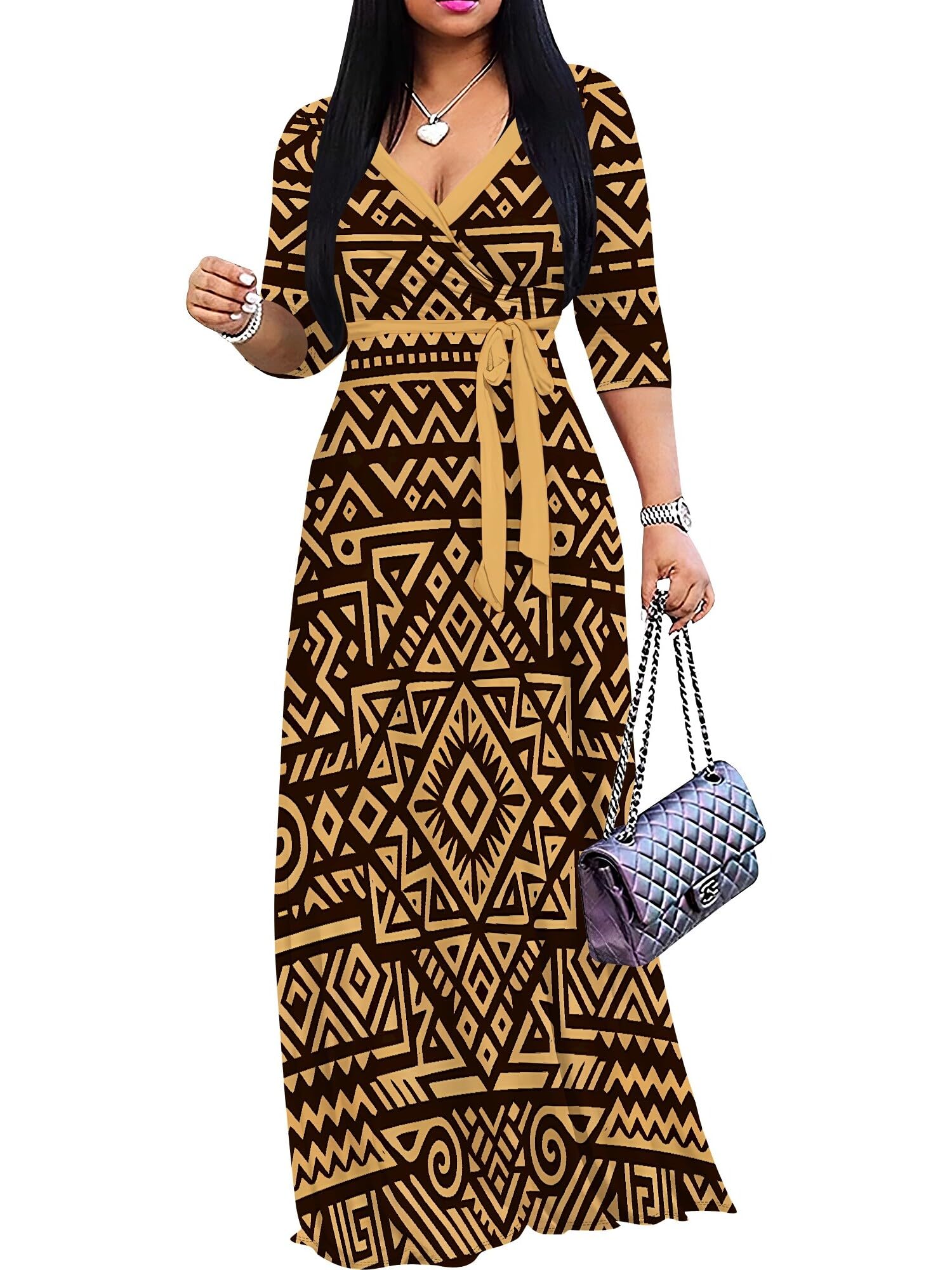 PinkPatty Women's Plus Size V Neck 3/4 Sleeve Wrap Maxi Dress with Belt | Boho wrap maxi dress with tie belt for vacations, weddings, church, parties, dinners, travel, and everyday wear