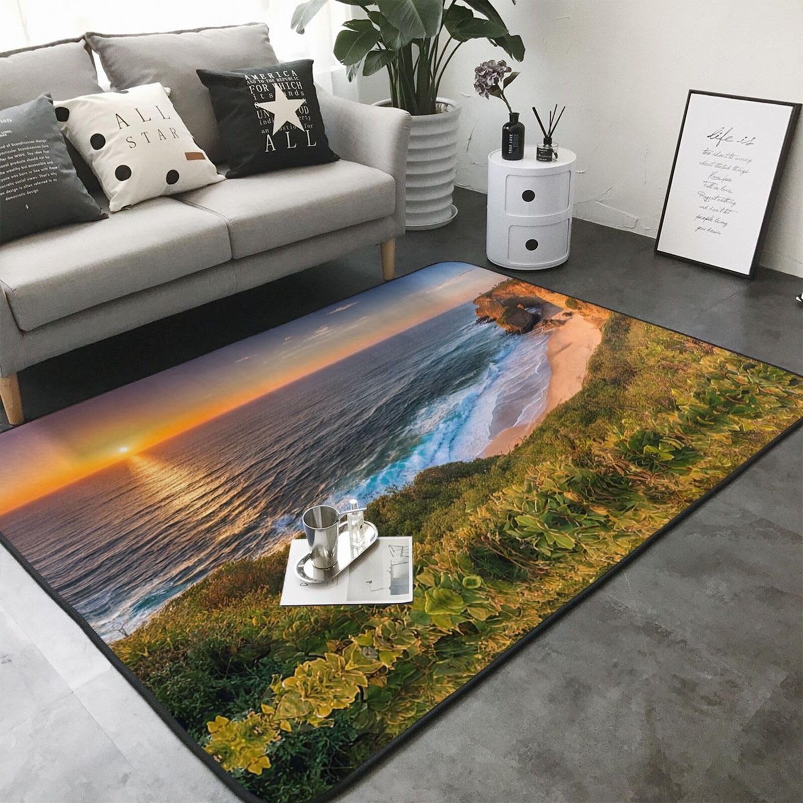 Ireland Sunset Seascape Print Living Room Anti Slip and Absorbent Carpet, Indoor Bedroom Bed Floor Mat, Ultra Soft Washable Carpet 80x58 in
