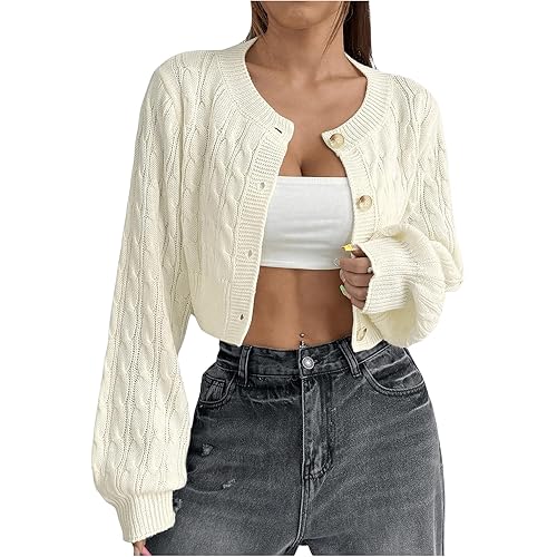 OYOANGLE Women's Long Sleeve Button Up Cropped Cardigan Crochet Hollow Out Open Front Sweater Cardigans Outwear