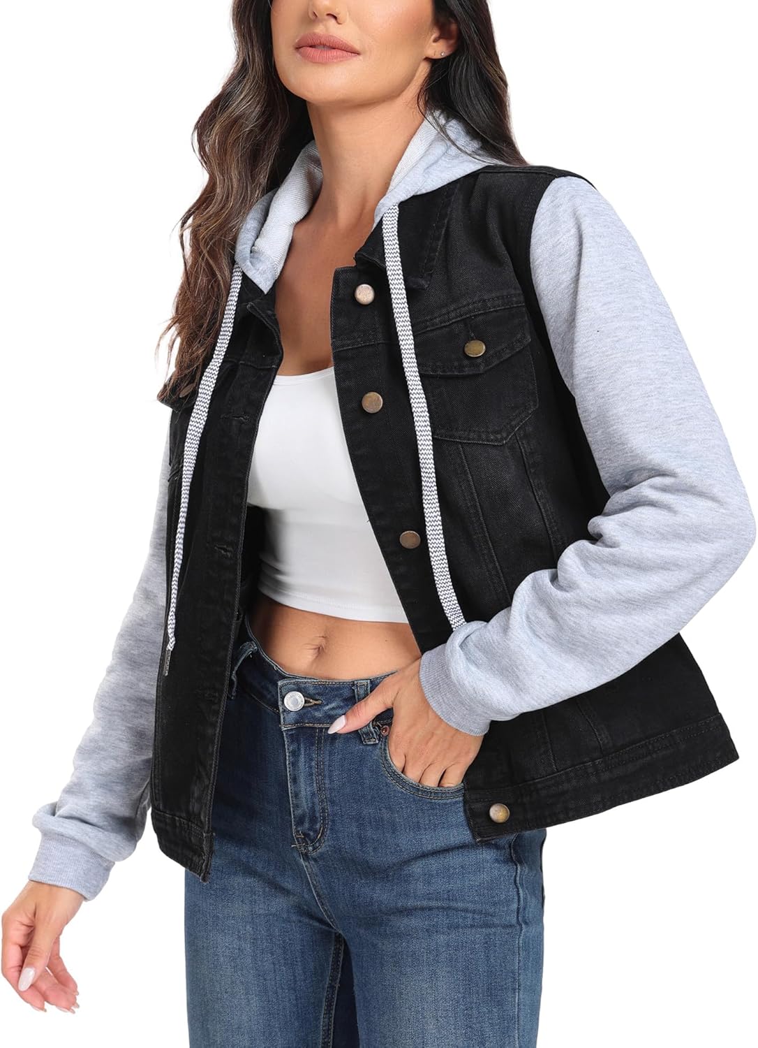 J.Corrine Women's Classic Casual Hooded Denim Jacket Drawstring Vintage Washed Jean Jacket Sweatshirt with Pockets - Image 4