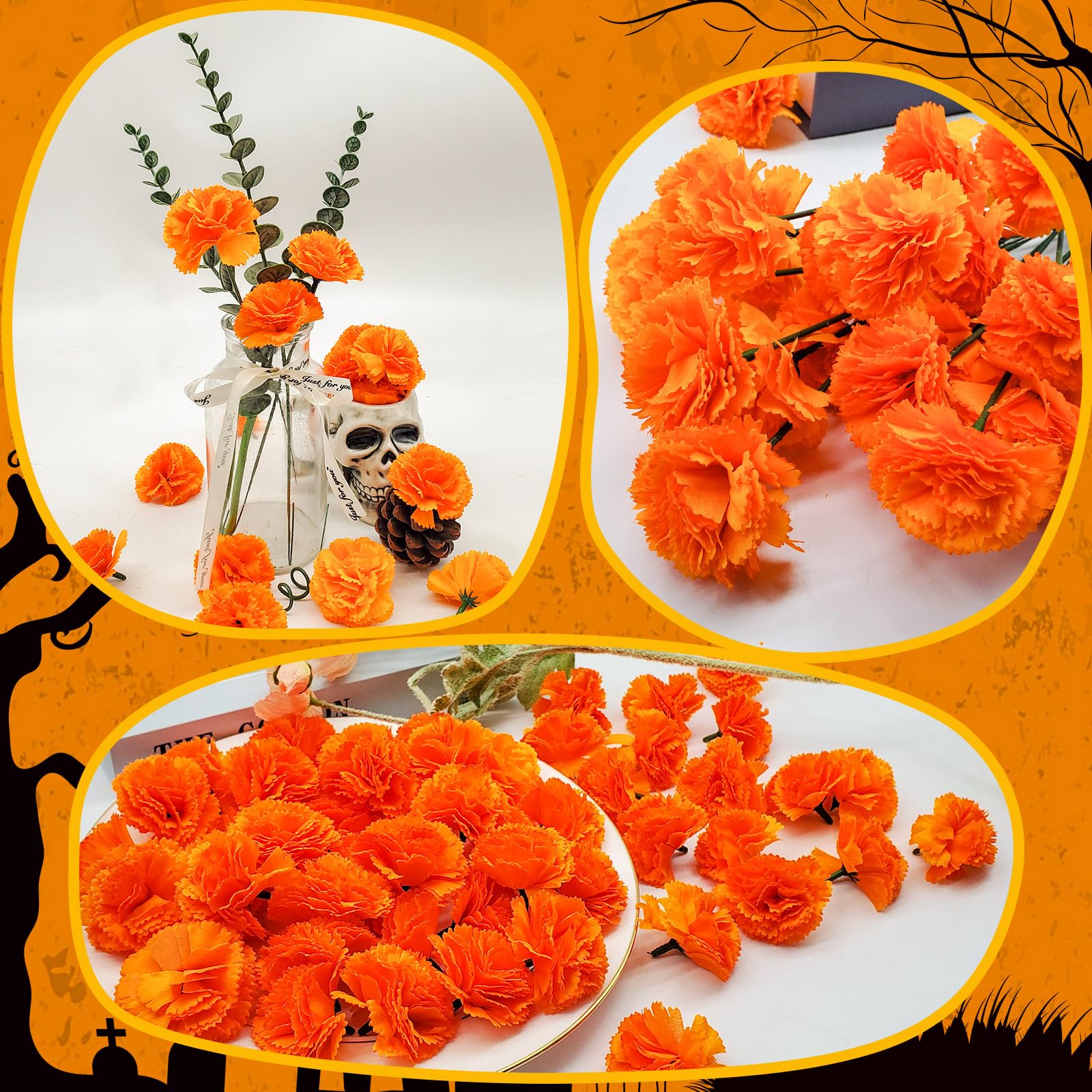50 PCS Silk Artificial Marigold Flowers With Stems - DIY Garland For Diwali, Indian Wedding, Festival Decor