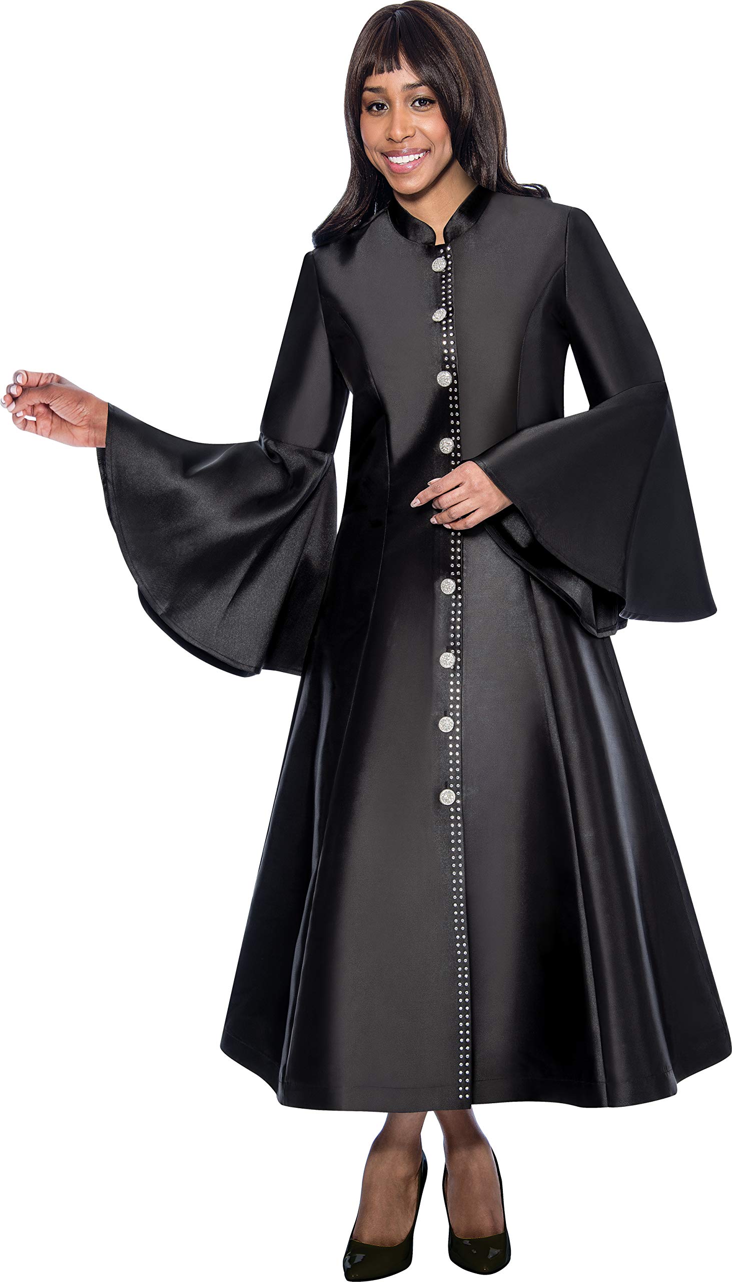 Plus Size Elegant Church Robe Featuring Rhinestone Buttons and Trim Detail Mandarin Collar and Flared Sleeves RR9031W