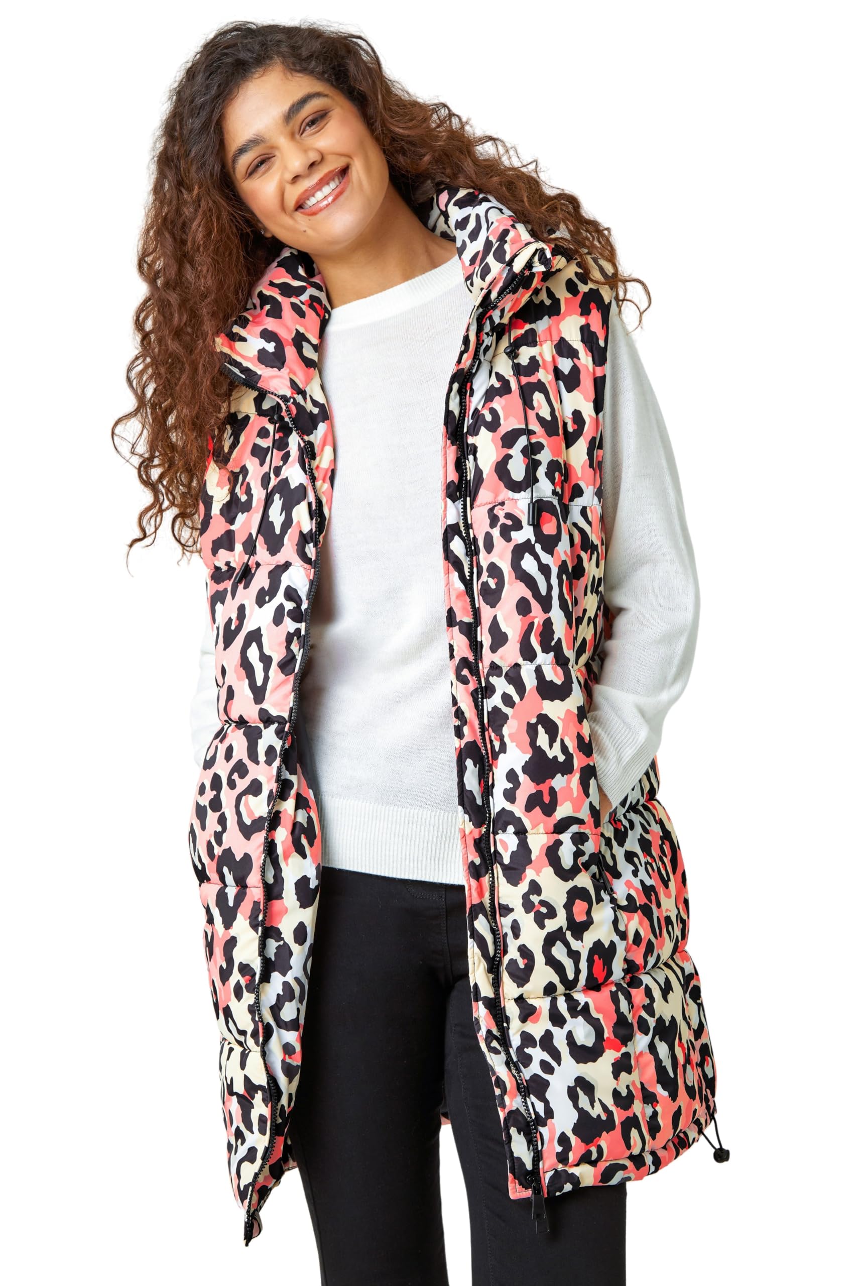 Roman Women's Coral Animal Print Longline Hooded Gilet Size 12
