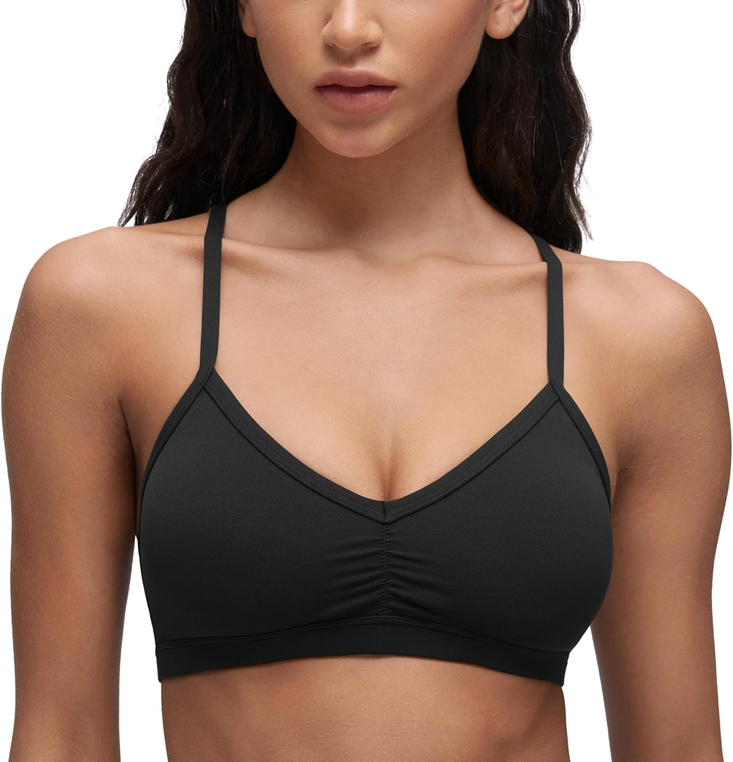 CRZ YOGA Butterluxe Ruched Sports Bras for Women - V Neck Spaghetti Thin Strap Y Back Wireless Padded Yoga Crop Top