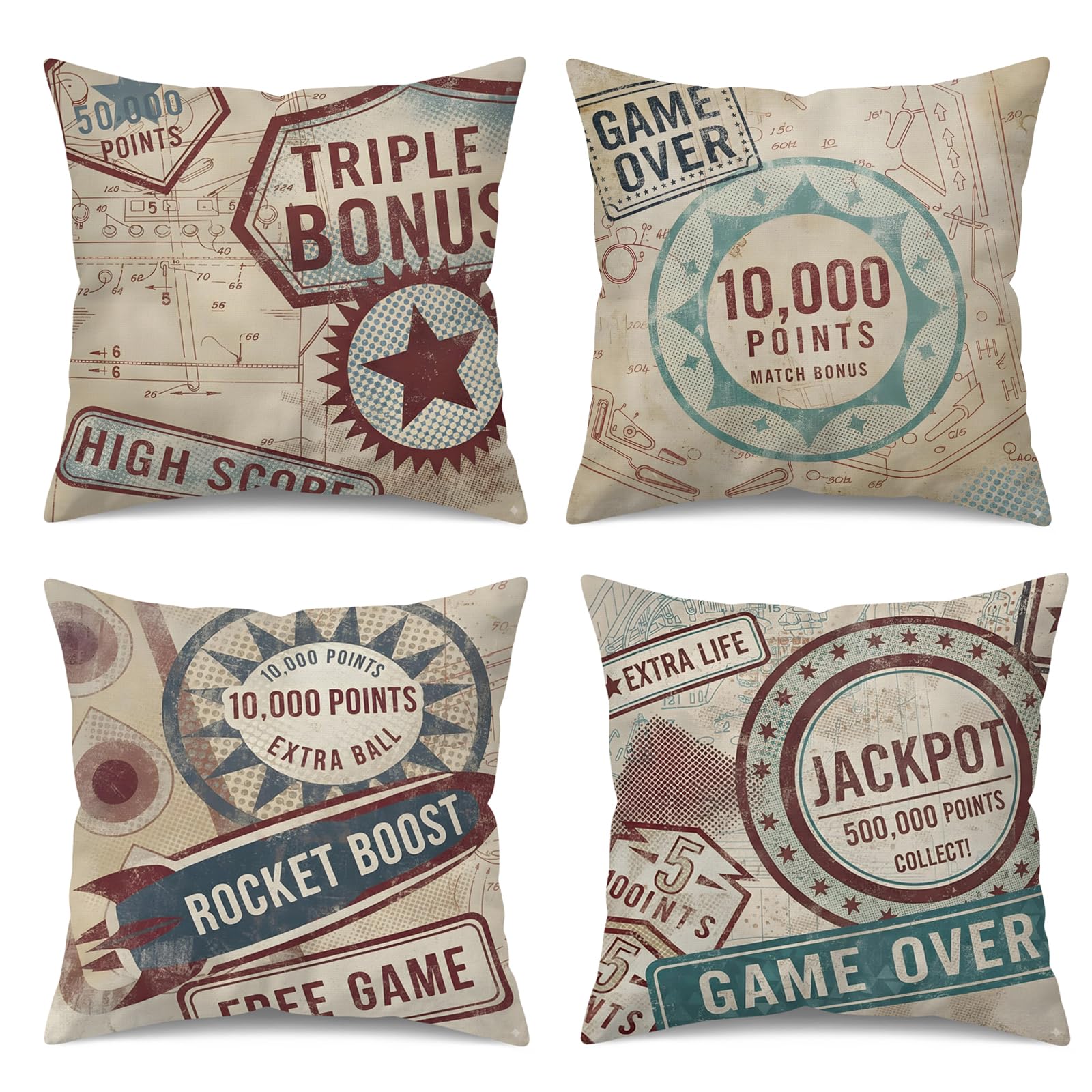 UZFNY Retro Pinball Game Decorative Throw Pillow Covers Set of 4 Vintage White Linen Cushion Cases Double-Sided 18x18