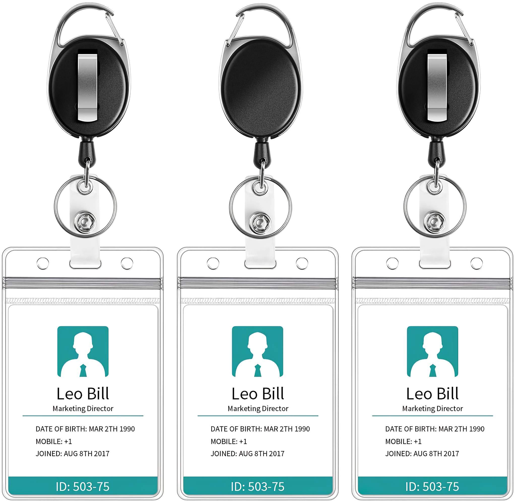 Puroma 3 Pack Badge Holder with Carabiner Badge Reel and Clip Retractable Heavy Duty, Clear ID Badge Holder with Waterproof Vertical Lanyard, Name