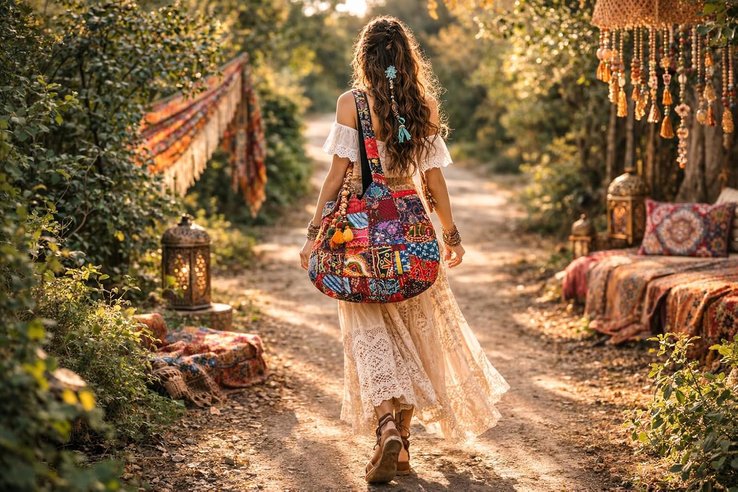 Tribe Azure Fair Trade Hippie Handmade Shoulder Beach Bag Tote Boho Chic Patchwork Embroidered Purse Red Casual Everyday Roomy Laptop School Market - Image 5