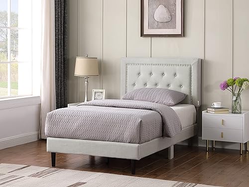 Base de cama tapizada individual con cabecera ajustable de 48 pulgadas de alto, cama de terciopelo de lino con botones, soporte de listones de