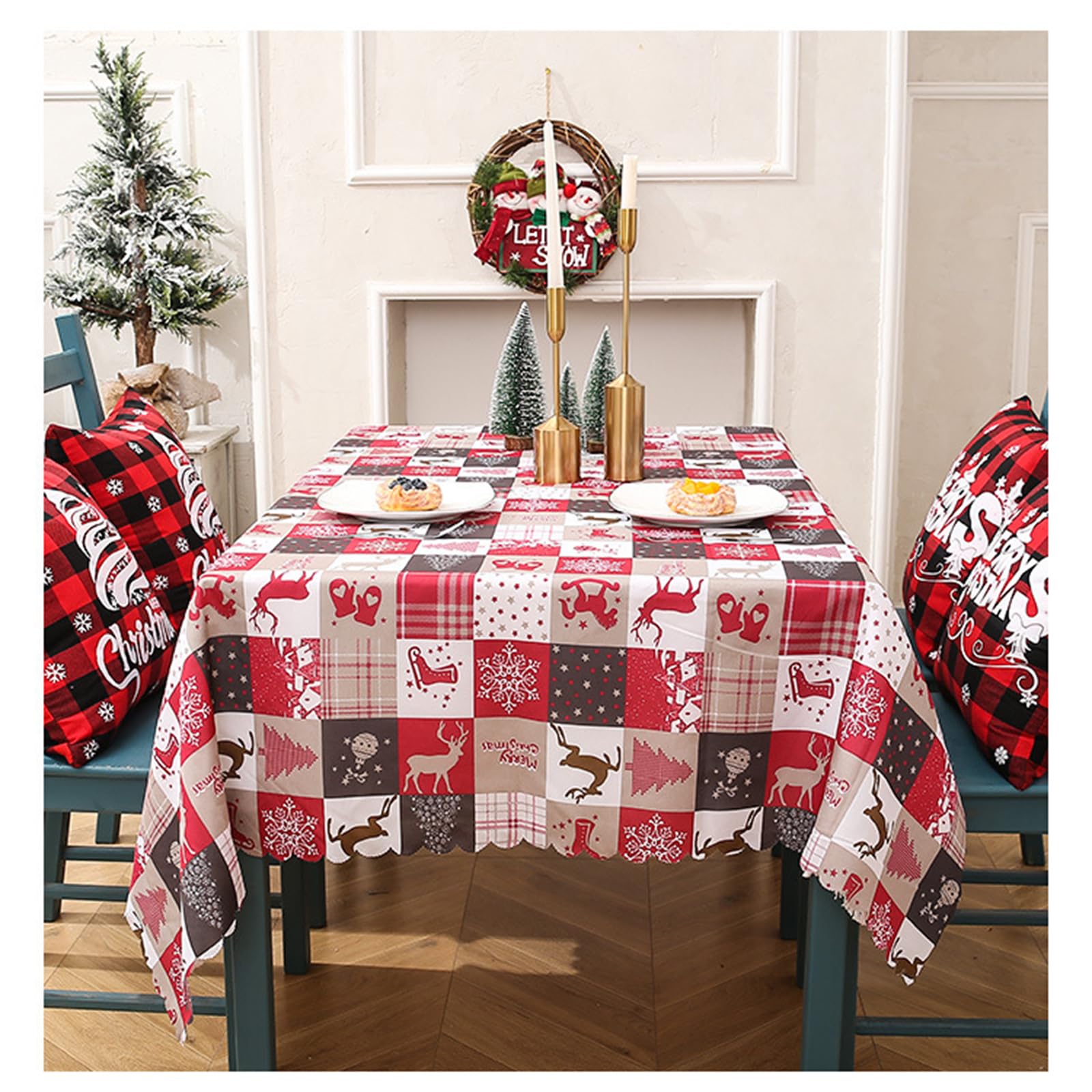 Mantel Rectangular De Navidad Con Diseño De Flores Navideñas Para Mesa De Navidad Con Estampado A Cuadros De Navidad, De Poliéster Mantel Para Invierno, Vacaciones, Navidad, Hogar, Fiesta, Decoración
