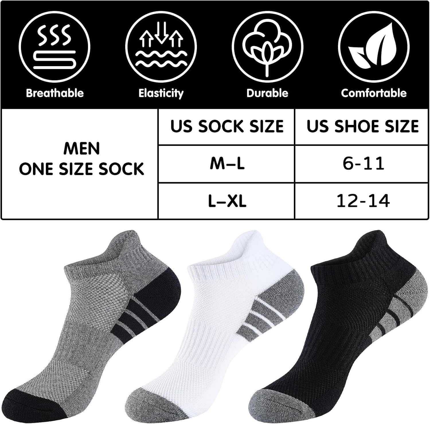 7 Pairs Mens 100% Cotton Cushioned Ankle Socks, Athletic Performance Running Moisture Wicking Breathable Low Cut Socks - Image 3