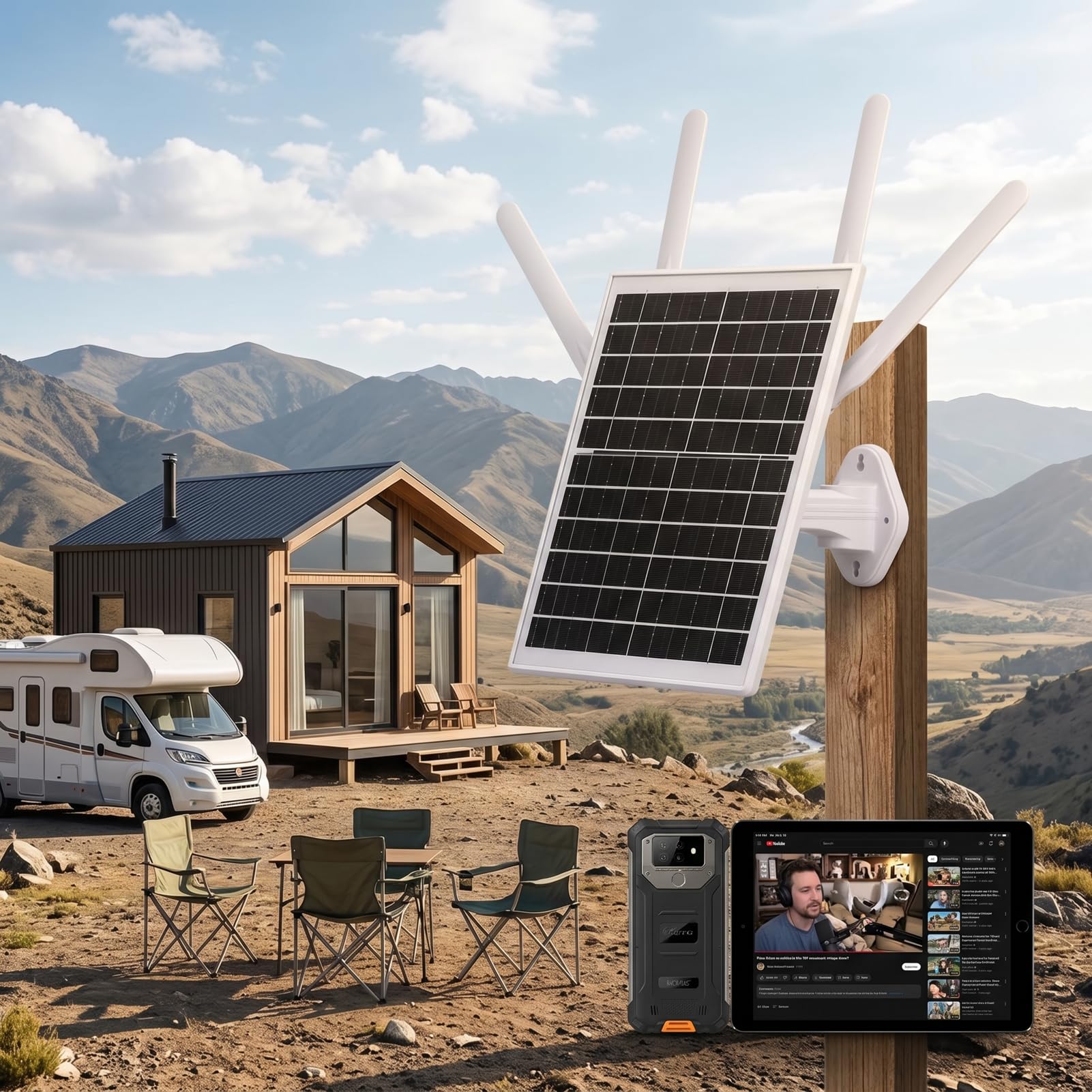 Router 4G LTE Solar para Exterior, Extensor WiFi 6 Solar con Ranura para Tarjeta SIM, Batería de 18000mAh y Panel de 12W, Repetidor WiFi Solar Impermeable IP66 de Largo Alcance
