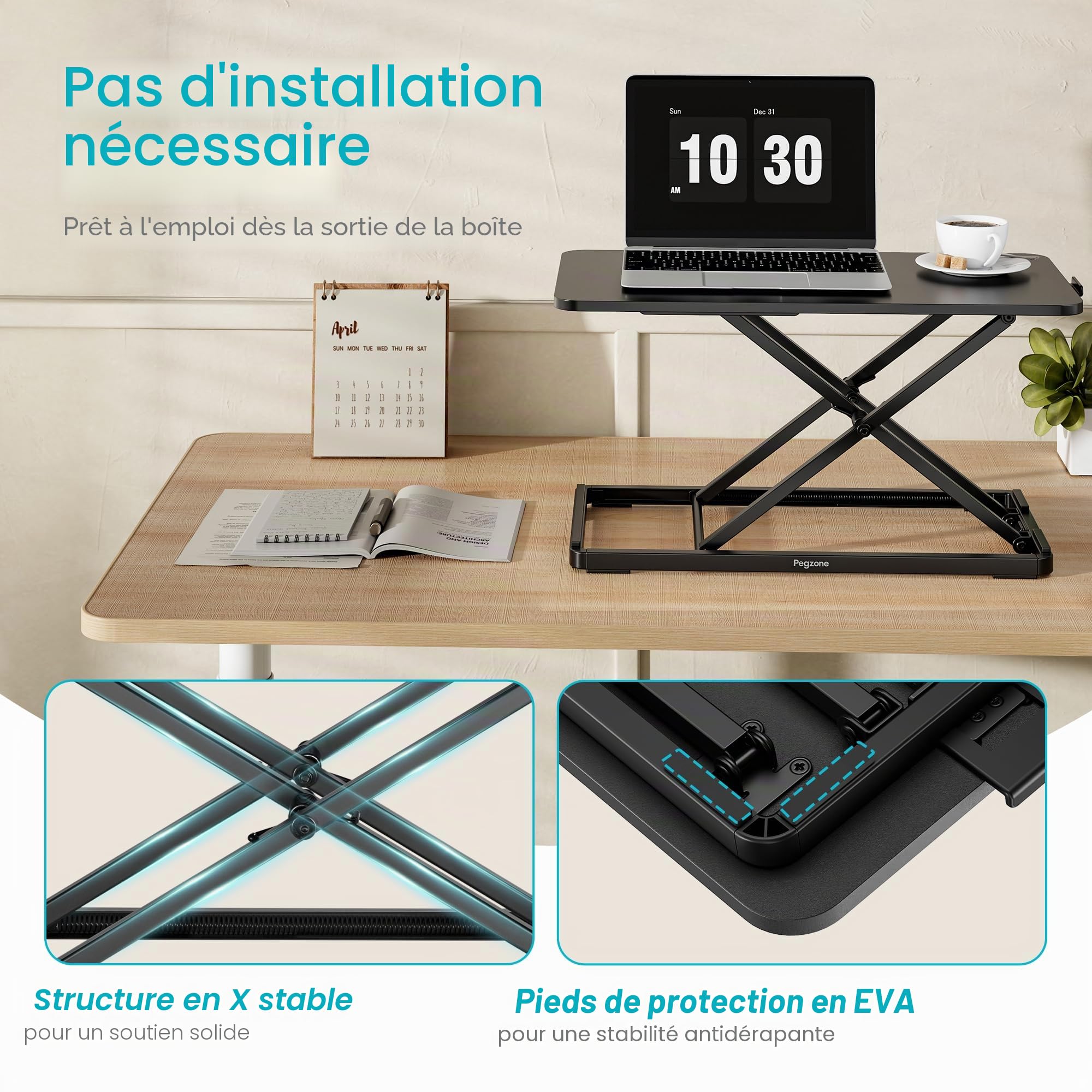 PEGZONE bureau assis debout ergonomique 61x30cm 6 niveaux réglable noir | Bureau debout hauteur 4,3–39,6cm, structure X métallique stable, sans montage, charge 5kg, patins antidérapants