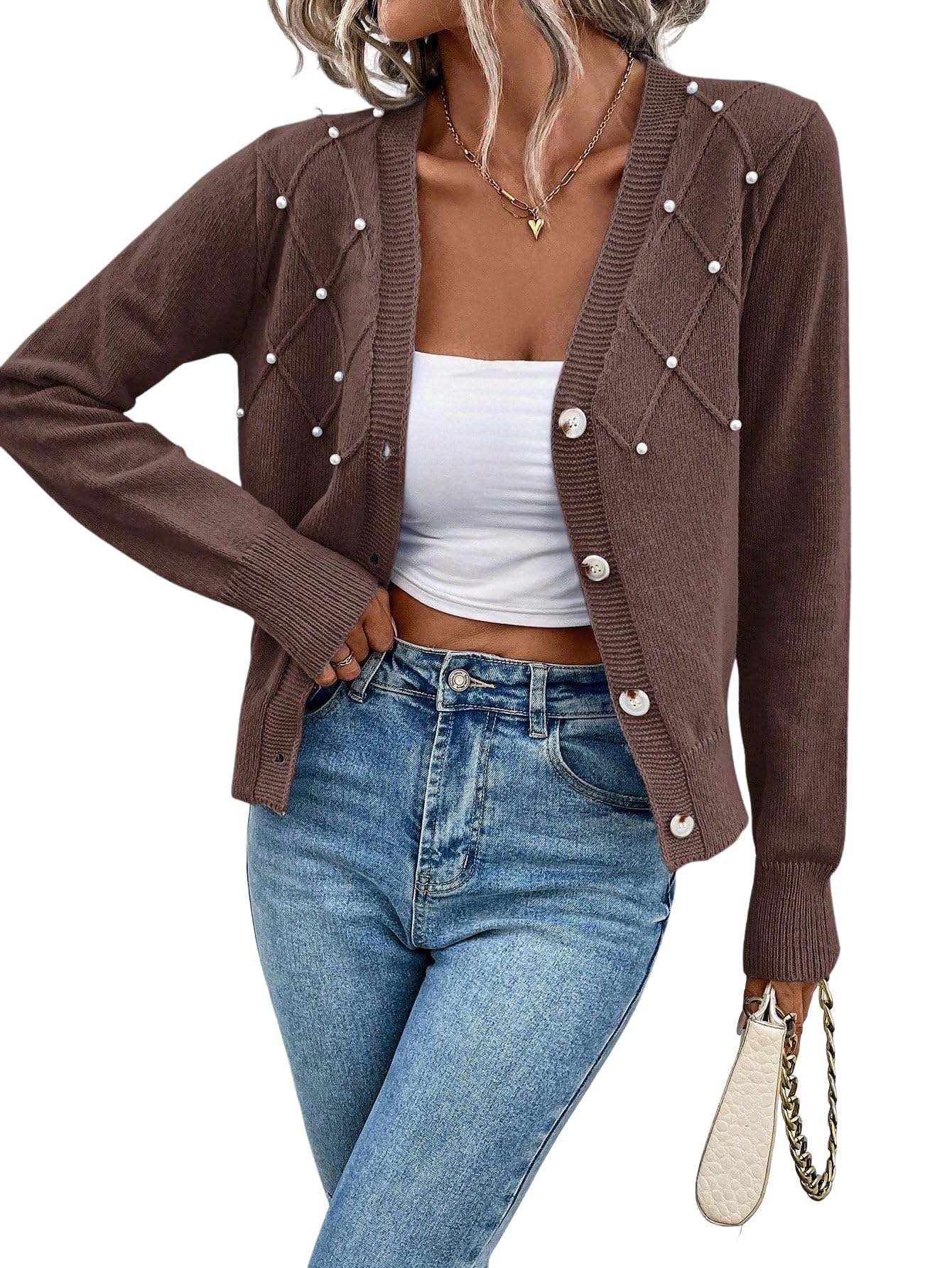 MARZXIN Womens Cardigan Casual Pearl Embellished Long Sleeve Cardigan Autumn Winter Sweaters