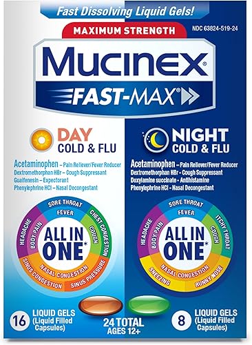 Mucinex Fast-Max Strength Max Geles líquidos para resfriados severos y resfriados nocturnos y gripe 24 unidades