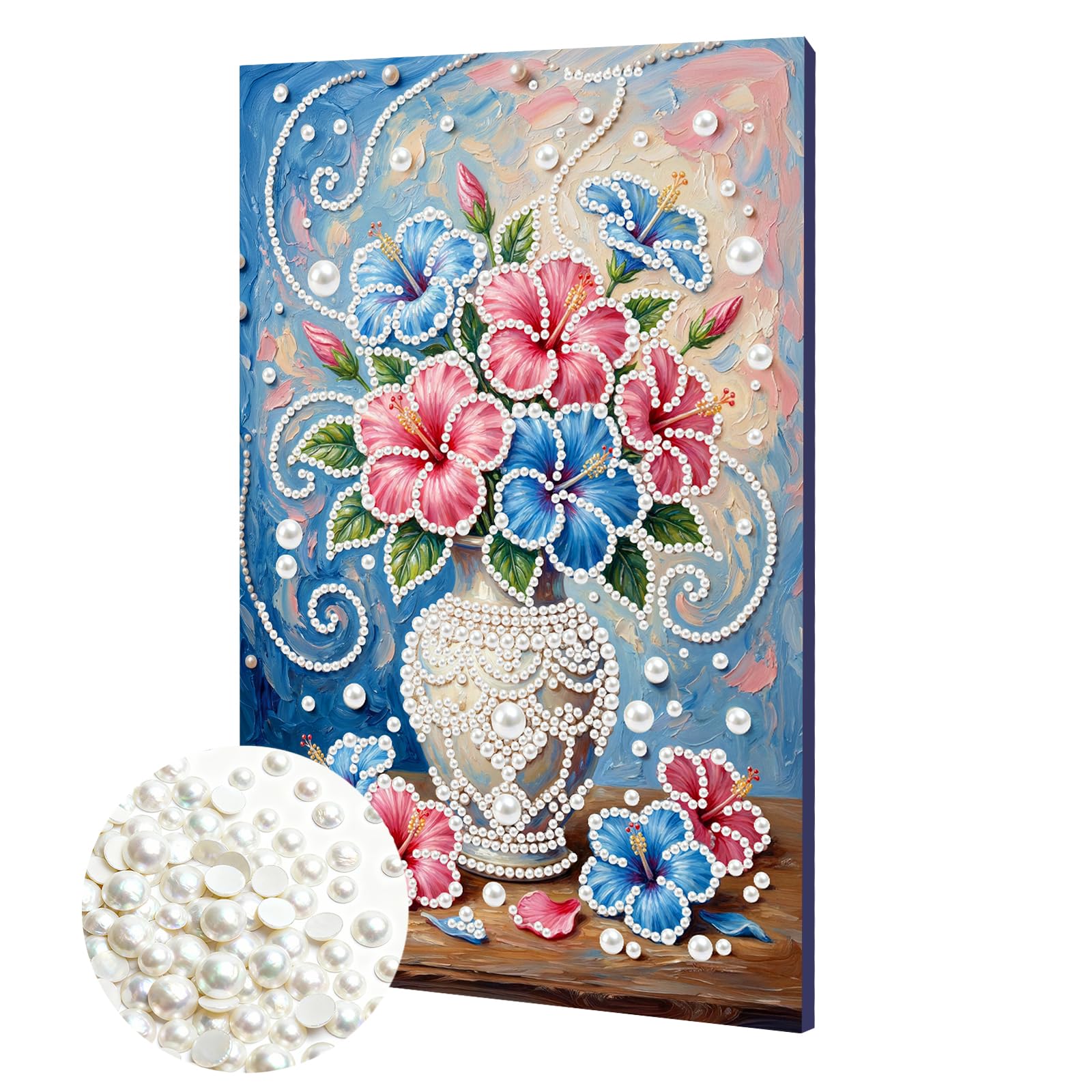 DIY Pearl Painting Kit with Wooden Frame, 3D Plastic Pearl Gemstone Ocean Art Craft for Adults Beginners, Diamond Dot Painting, Home Wall Decor Ready Gift for Women(Hibiscus Vase)(20 * 30cm)