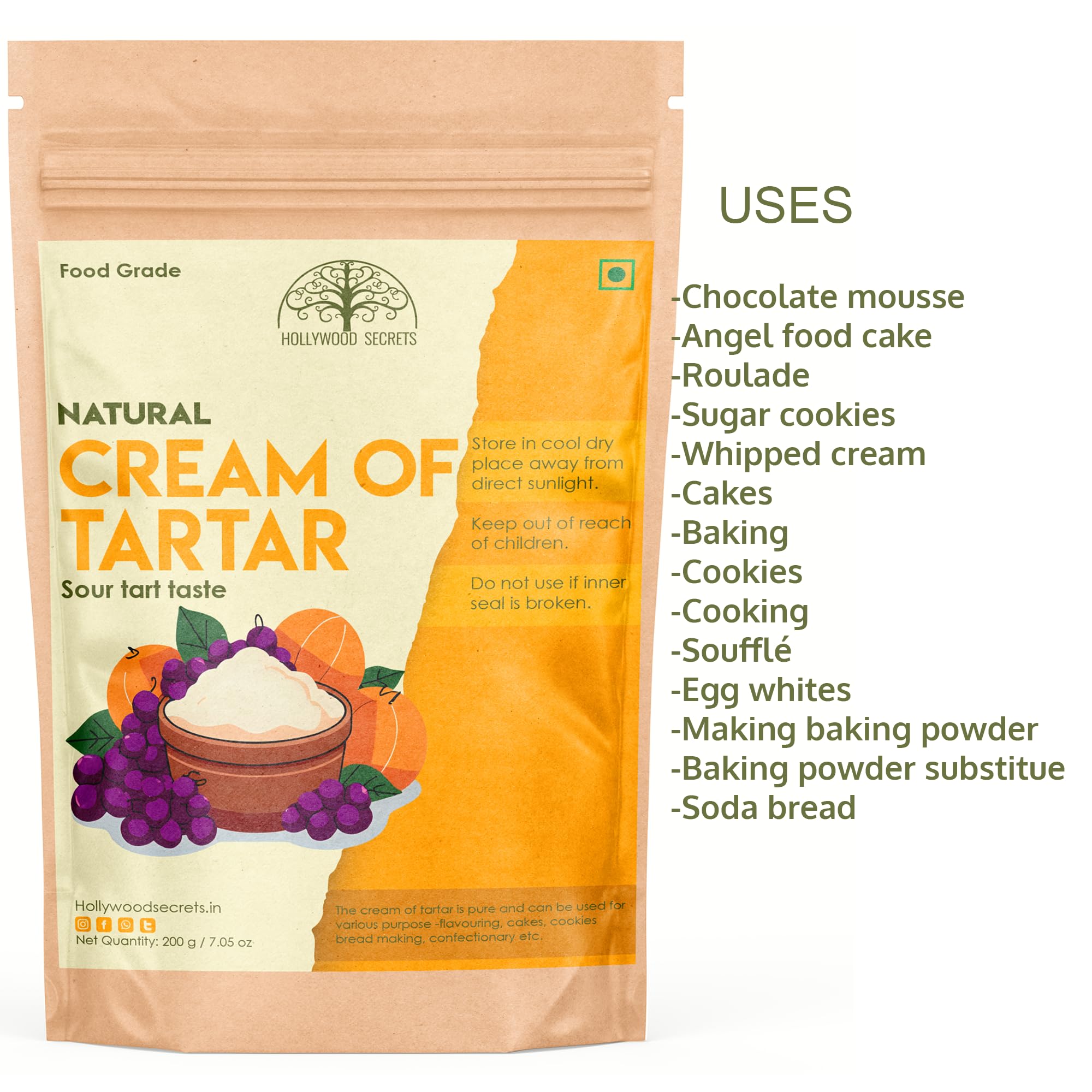 Hollywood Secrets Pure Cream Of Tartar (Potassium Bitartrate) Baking Cake 200gm 1