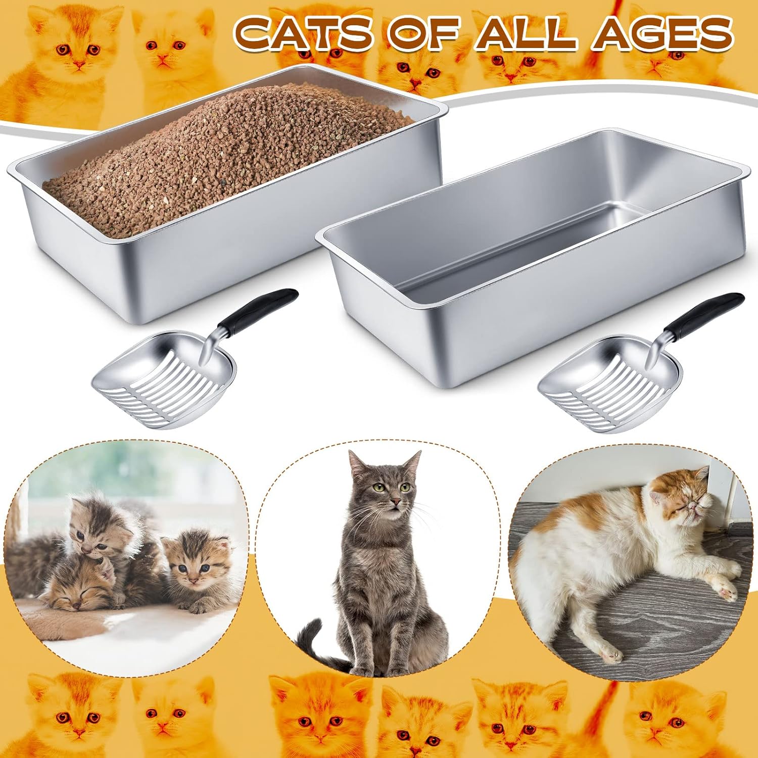 2 Set Stainless Steel Litter Box for Cat with 2 Pcs Cat Litter Scoops 15 Pcs Non Slip Rubber Feet Non Stick Smooth Bunny Litter Box High Sided Litter Box Litter Scooper with Holder (24 x 16 x 6 in)