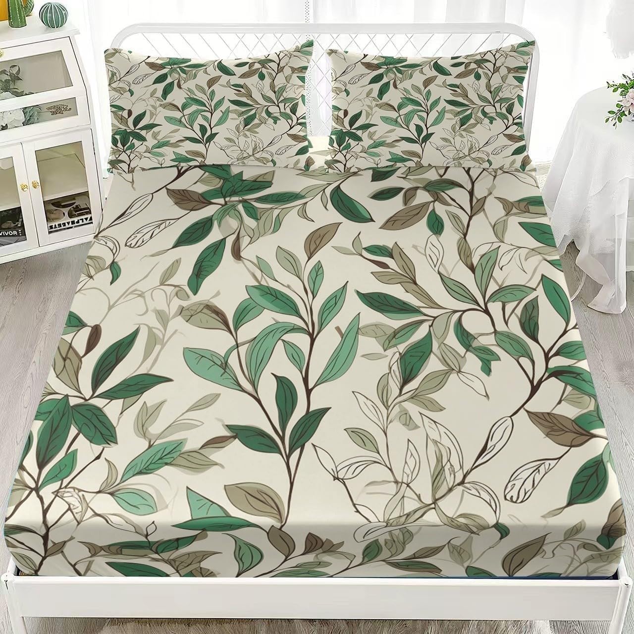 Leaves Single Fitted Sheet Plants Bed Sheets Deep Pocket 12 inch (30 cm) Soft Cozy 3 Piece Microfibre Bed Sheet 90x190 cm with 2 Pillowcases 50x75 cm
