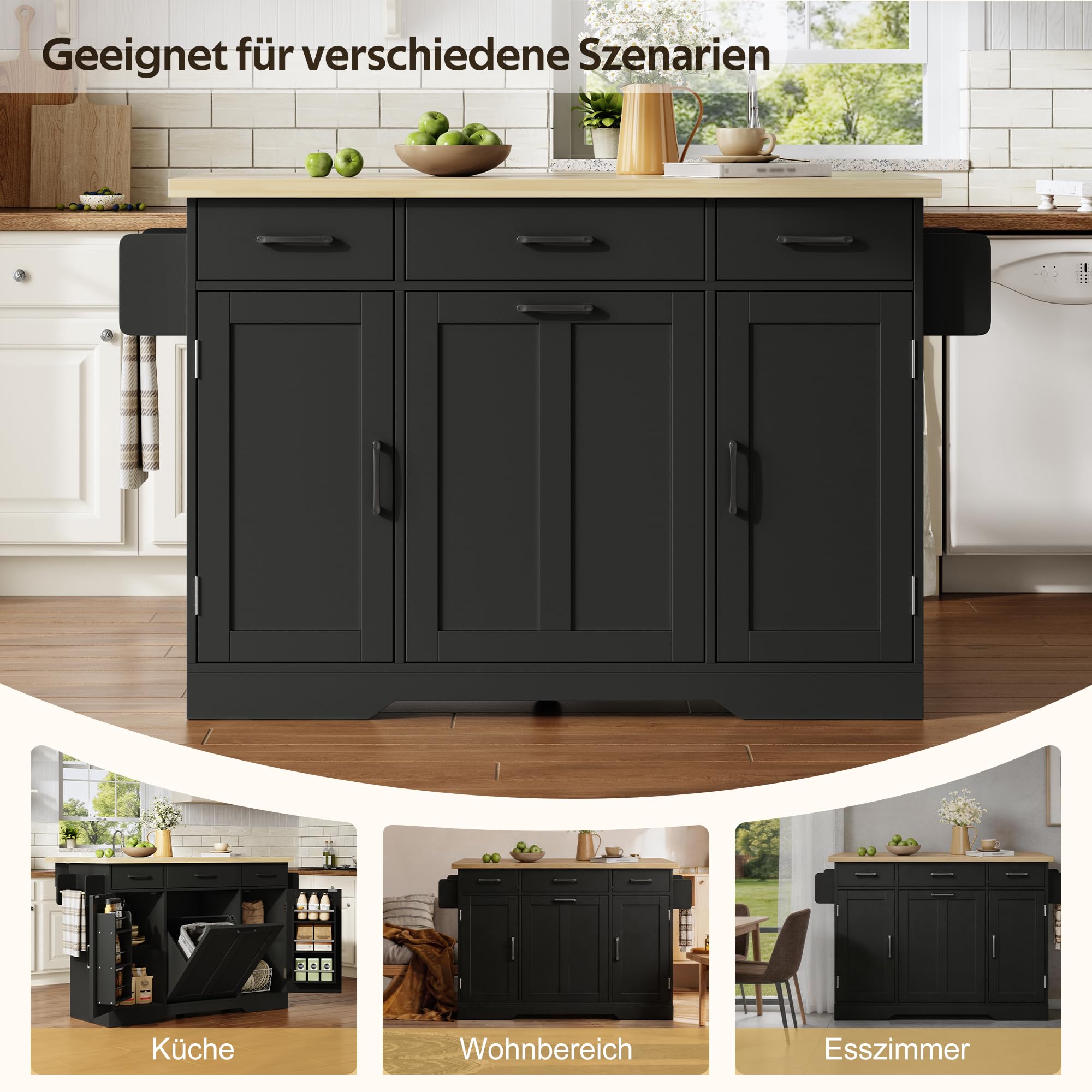 Küchenwagen, Kücheninsel mit Klapparbeitsplatte, Speisewagen Küchenschrank mit Rollen & Müllschrank, Mobile Buffetschrank Stauraumschrank mit Schubladen & Gewürzregal, 120x45(70)x87cm (Schwarz)