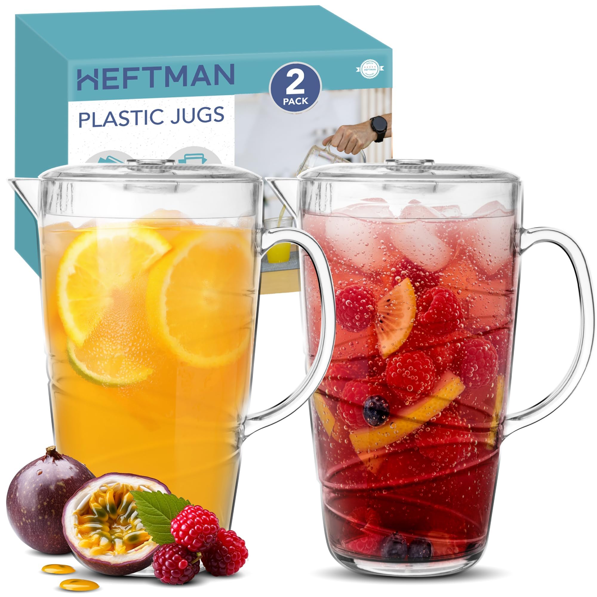 HEFTMAN Brocche in plastica trasparente da 2 litri – Confezione da 2 brocche in plastica con coperchio e beccuccio ventilato – ideale per cocktail, barbecue, feste, campeggio e uso quotidiano interno