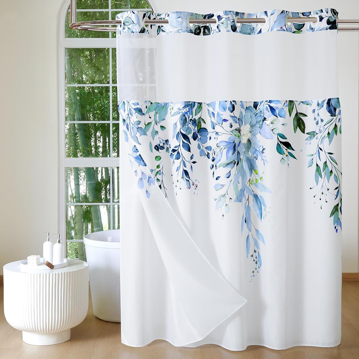 QiyI No Hook Shower Curtain with Snap in Fabric Liner, Blue Eucalyptus Shower Curtain with See Through Top Window, Waterproof Washable Cloth Ringless Shower Curtain Set for Bathroom, 72 x 81