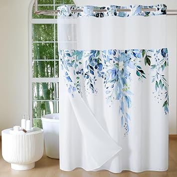 QiyI No Hook Shower Curtain with Snap in Fabric Liner, Blue, 72 x 81