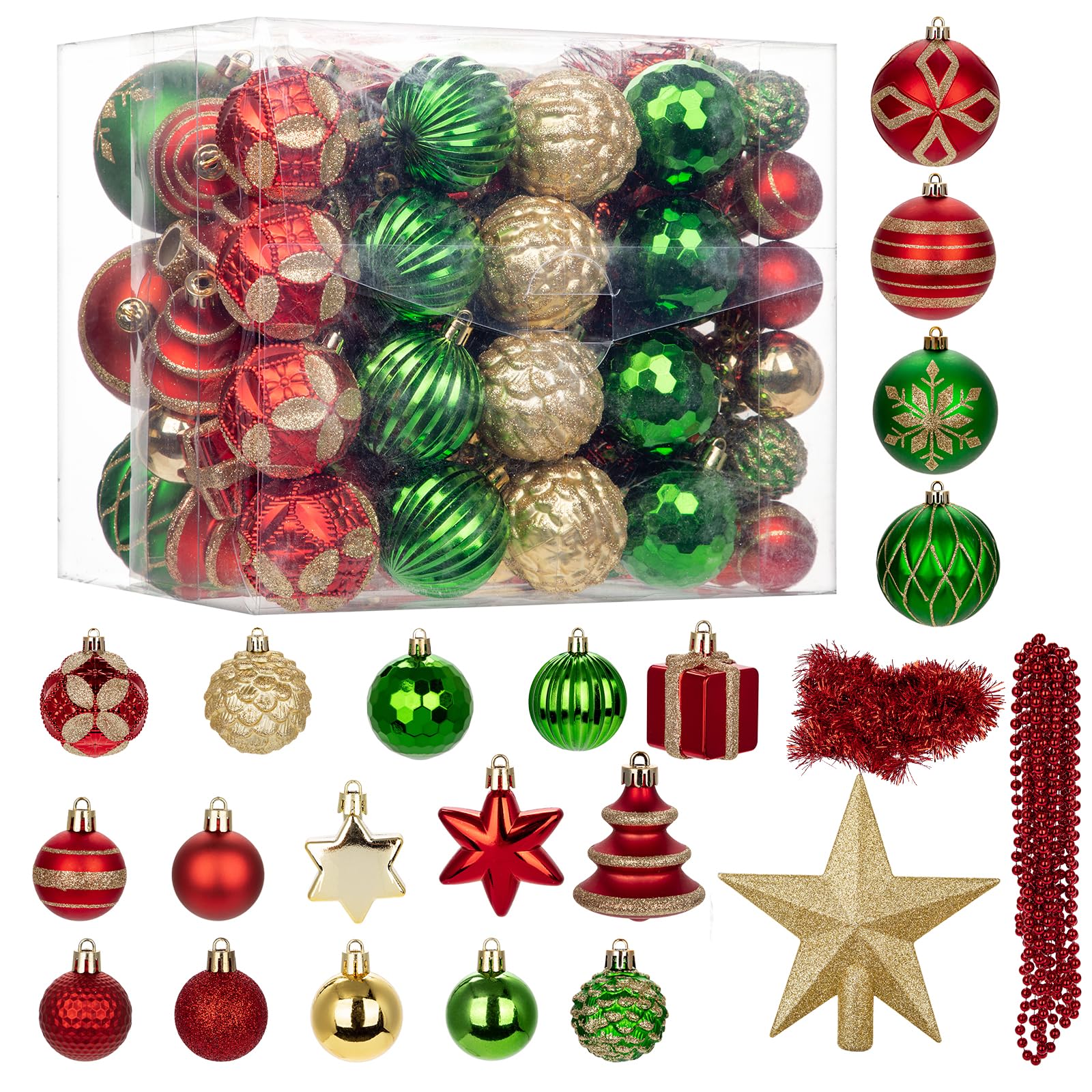 Hollyone 100 pièces Ensemble de Boules de Noël en Plastique, décorations de Noël incassables, Boules de Noël Assorties, décorations à Suspendre pour Sapin de Noël, doré, Rouge et Vert