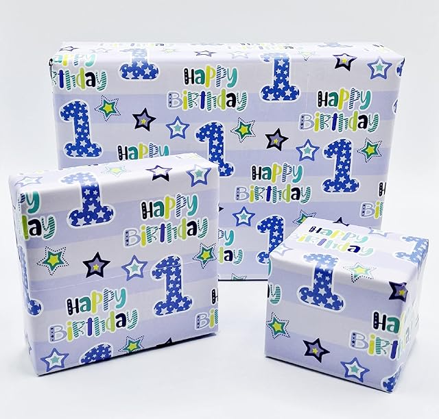 2 Sheets 1st Birthday Boy Wrapping Paper Age 1 Cute Birthday Giftwrap Male Blue (PA)