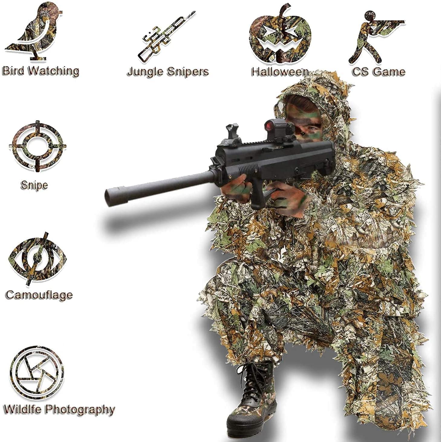 3D Ghillie Suit, Tarnanzug Dschungel Camouflage Bionic Design leicht Blättern Tarn Kleidung Hose Jacke Set mit Kappen für Jagd Airsoft Outdoor Militär Verdeckt